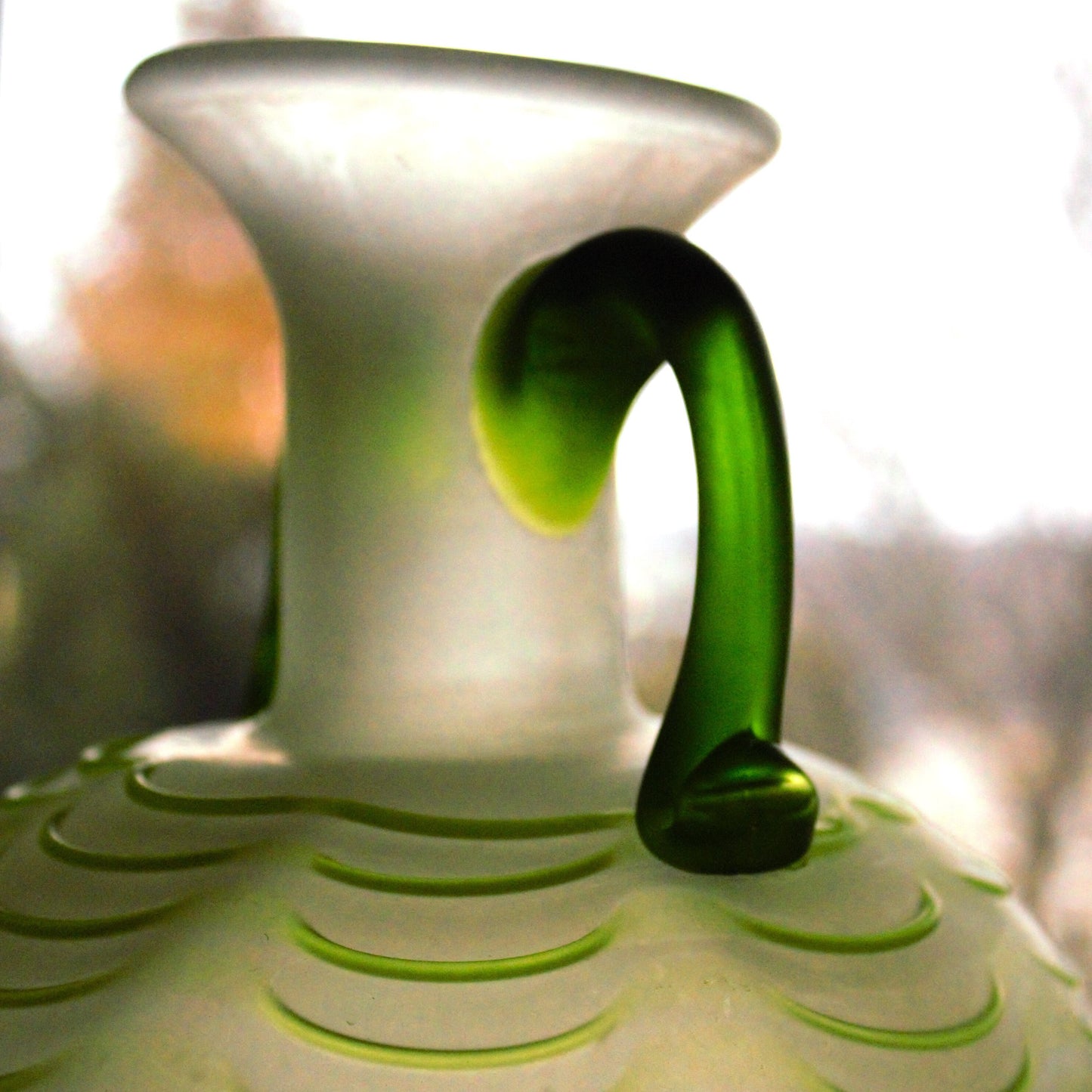 Frosted Green Hand Blown Vase, Applied Handles, Pontil Mark