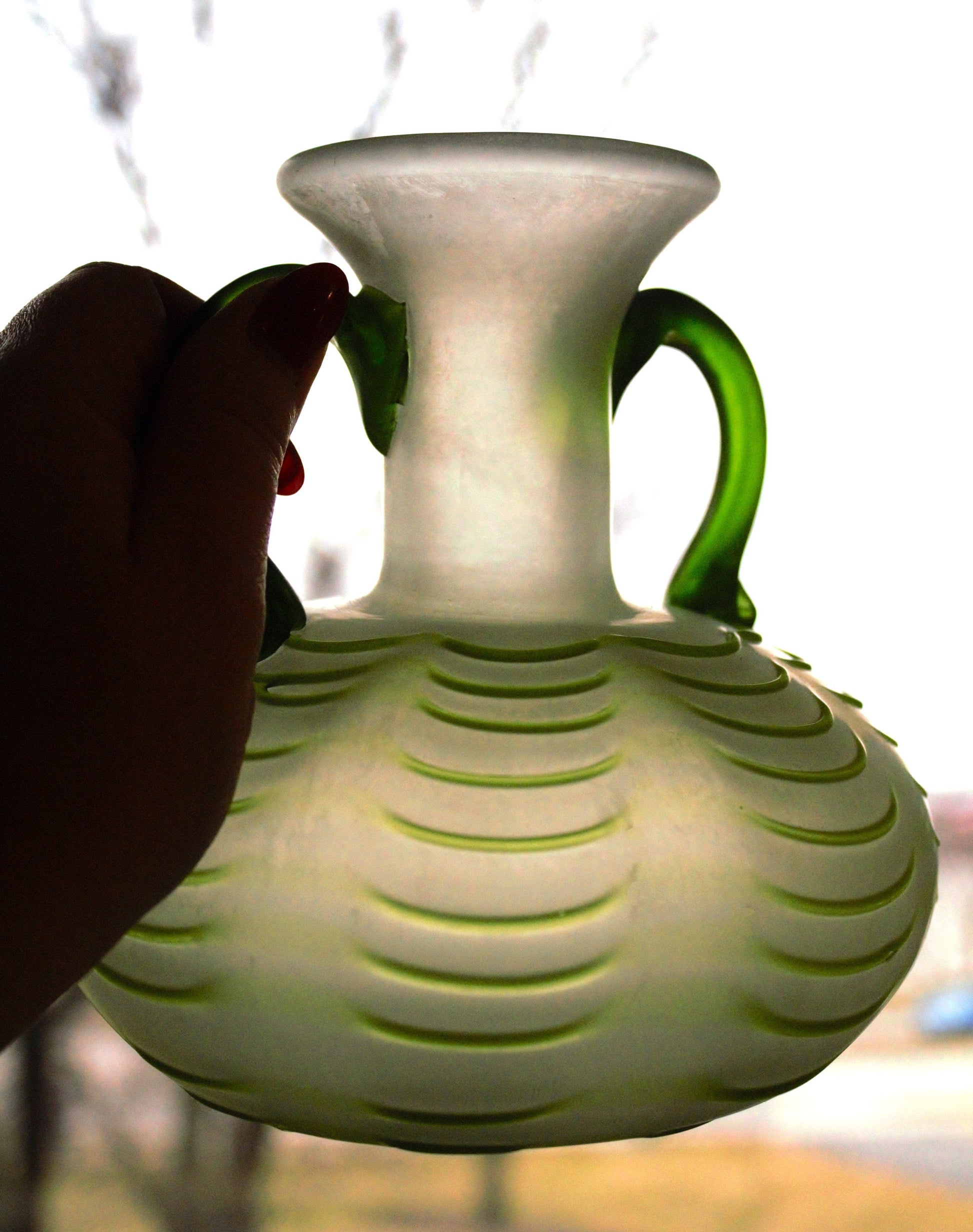Frosted Green Hand Blown Vase, Applied Handles, Pontil Mark