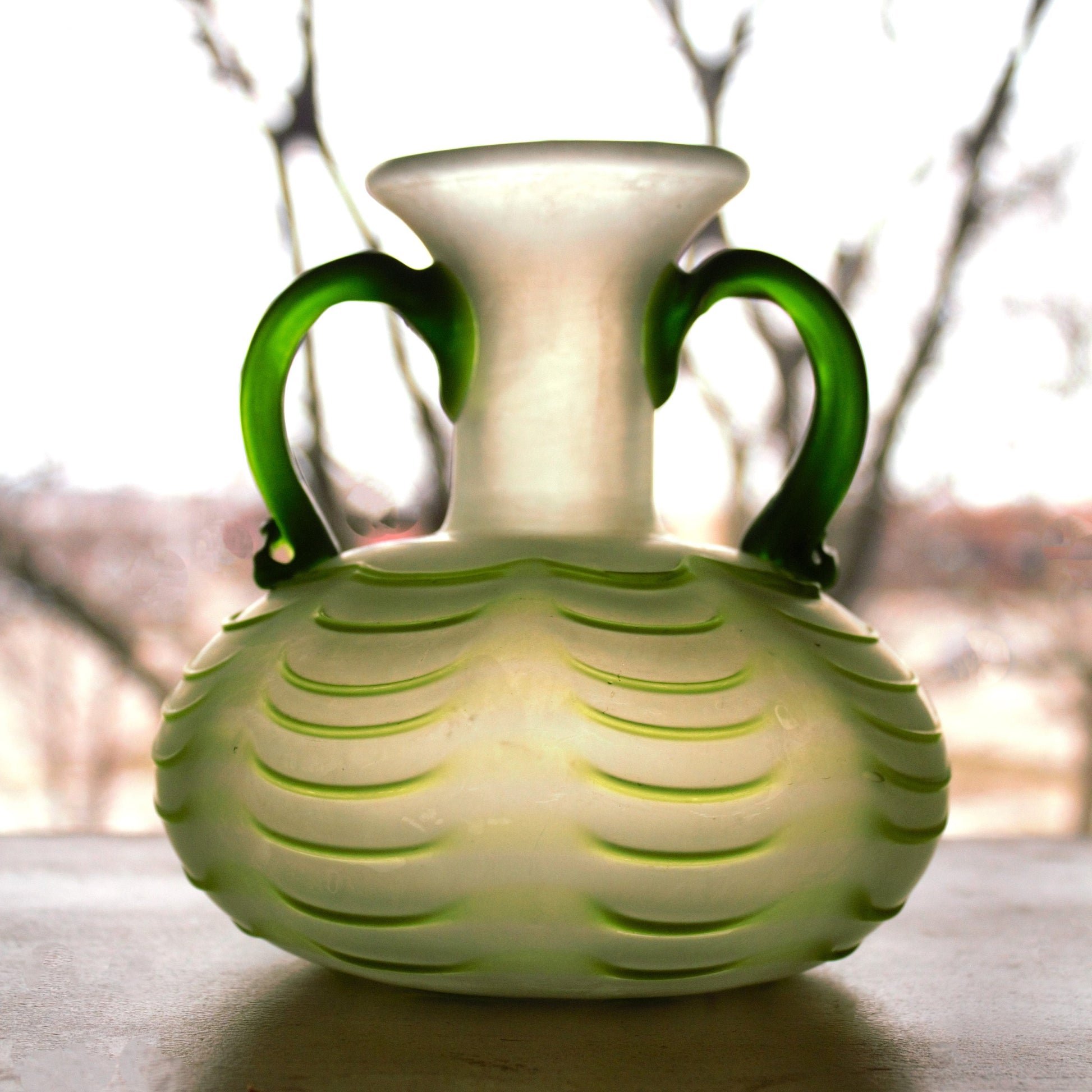 Frosted Green Hand Blown Vase, Applied Handles, Pontil Mark