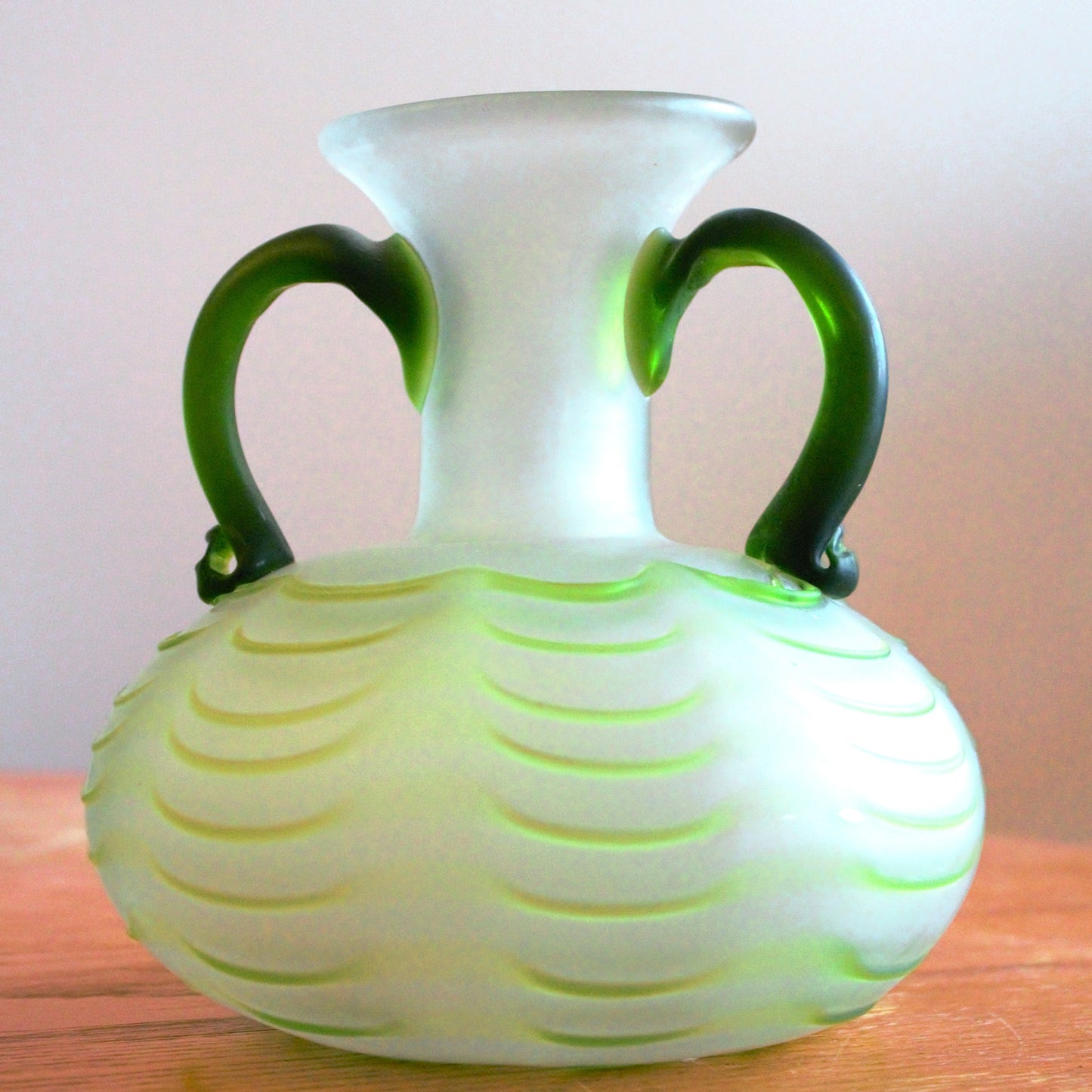 Frosted Green Hand Blown Vase, Applied Handles, Pontil Mark