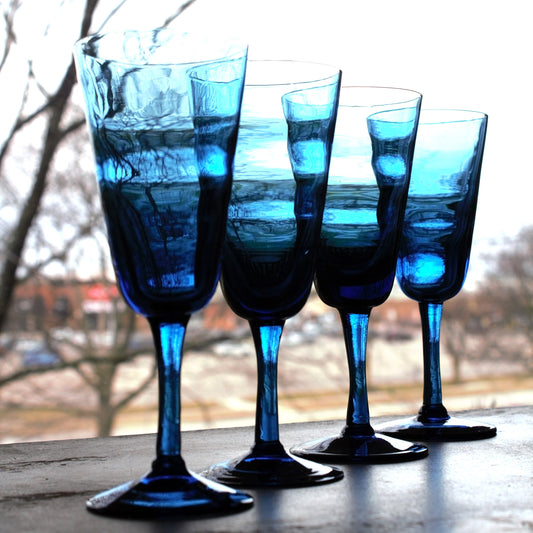 Handblown Blue Glass Cordial Set: Vintage Italian Stemware