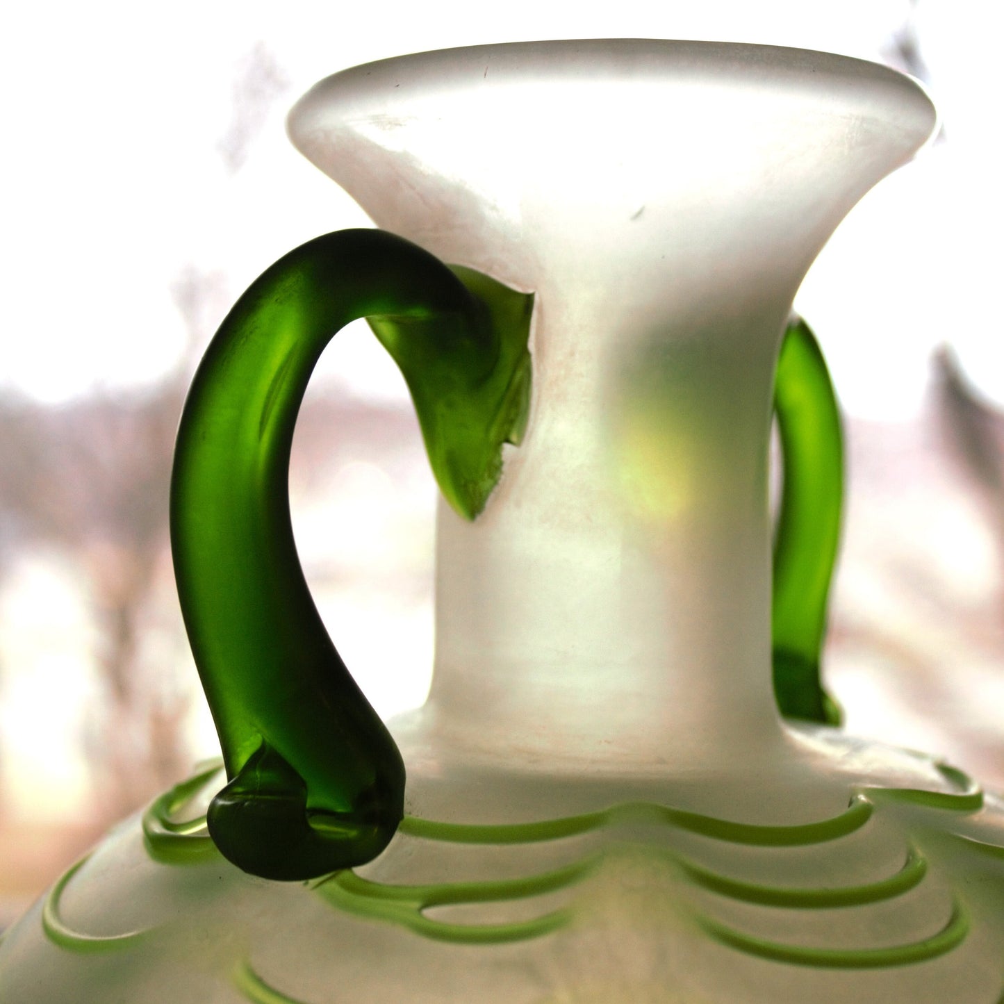Frosted Green Hand Blown Vase, Applied Handles, Pontil Mark