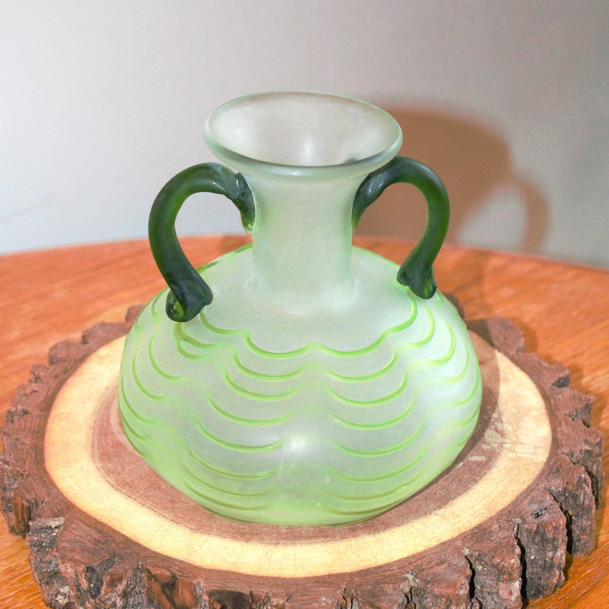Frosted Green Hand Blown Vase, Applied Handles, Pontil Mark