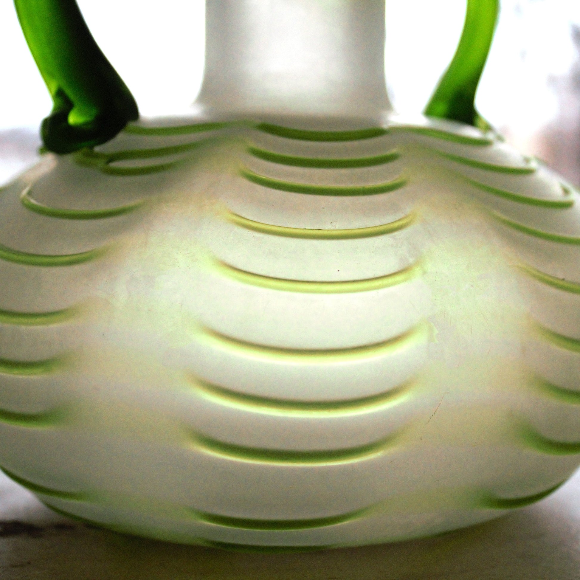 Frosted Green Hand Blown Vase, Applied Handles, Pontil Mark