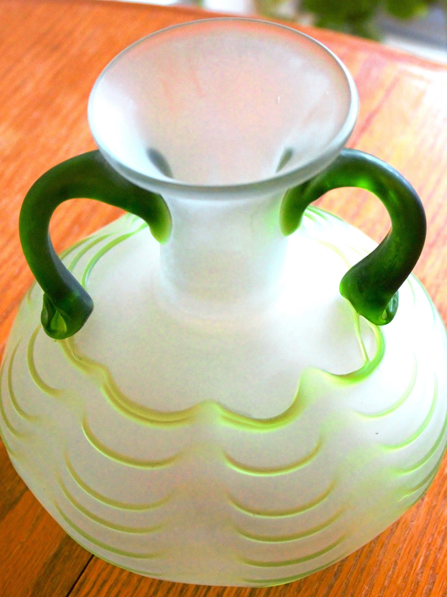 Frosted Green Hand Blown Vase, Applied Handles, Pontil Mark