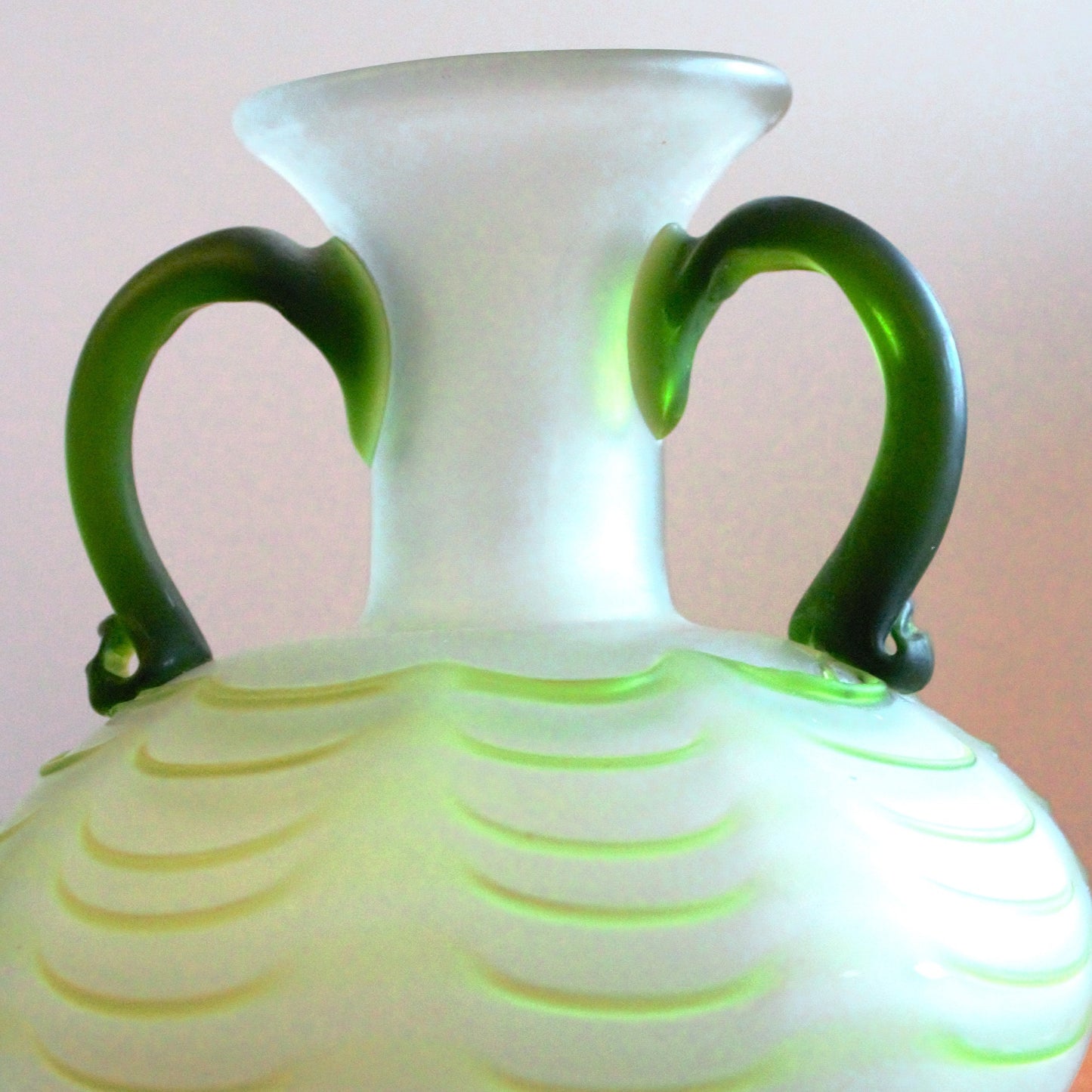 Frosted Green Hand Blown Vase, Applied Handles, Pontil Mark
