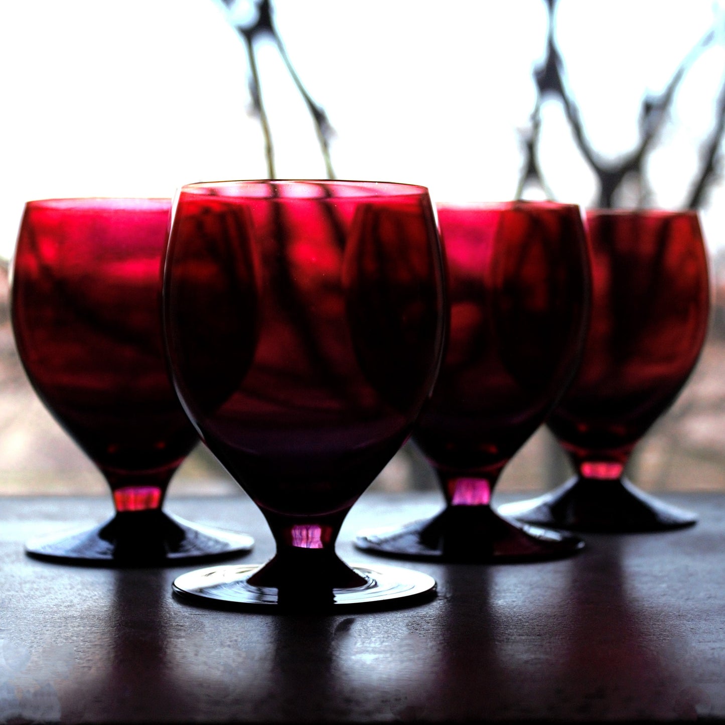 Vintage Pink & Black Cocktail Glasses - Set of 4 Footed Tumblers