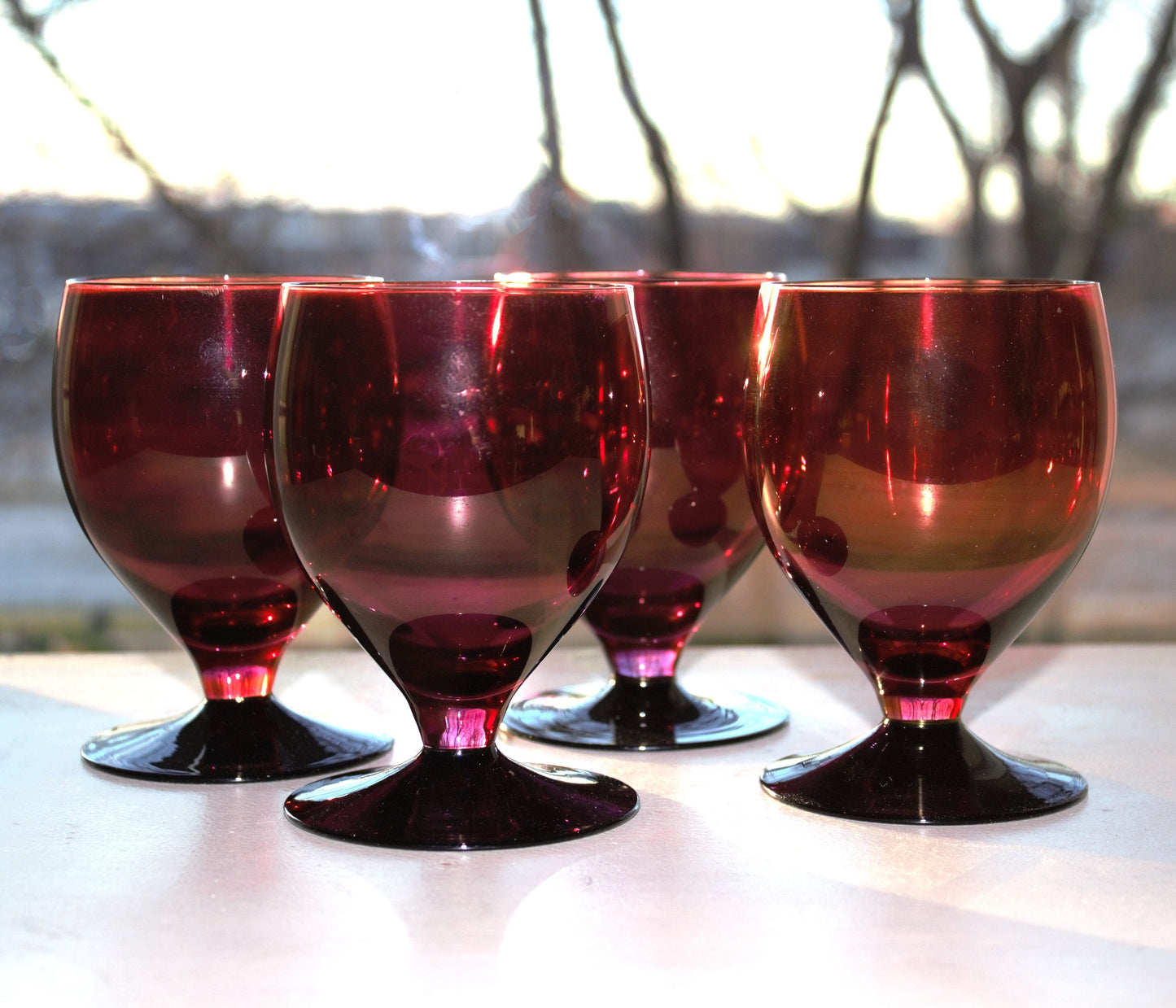 Vintage Pink & Black Cocktail Glasses - Set of 4 Footed Tumblers