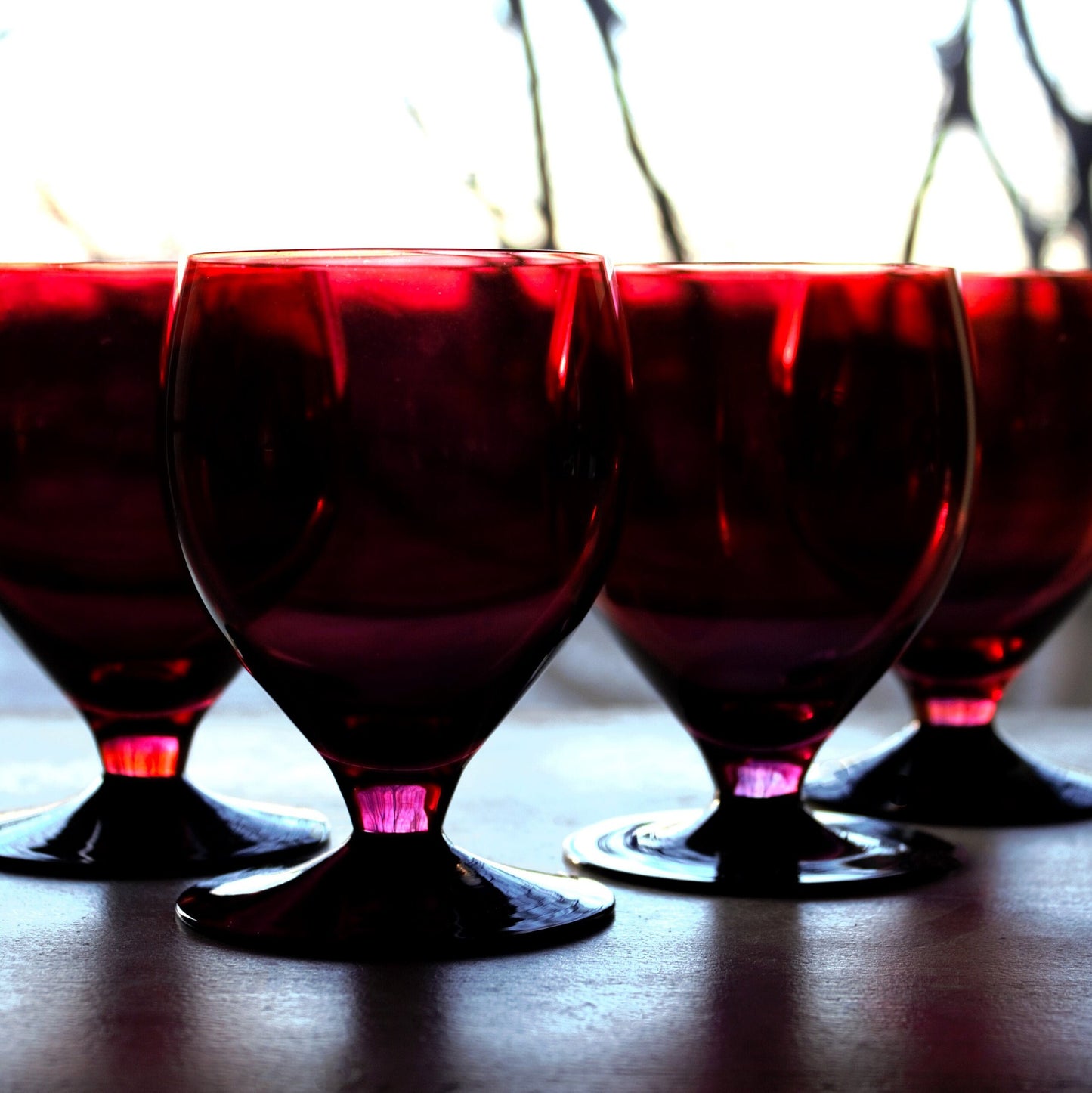 Vintage Pink & Black Cocktail Glasses - Set of 4 Footed Tumblers