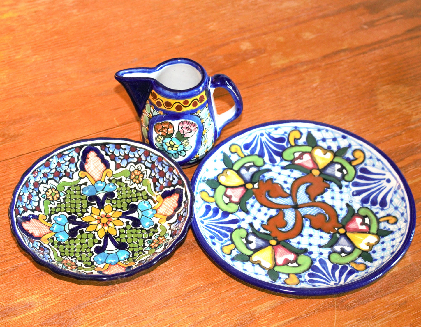 Authentic Talavera Plate Set: 3-Pc Mexican Ceramic Bowl & Creamer