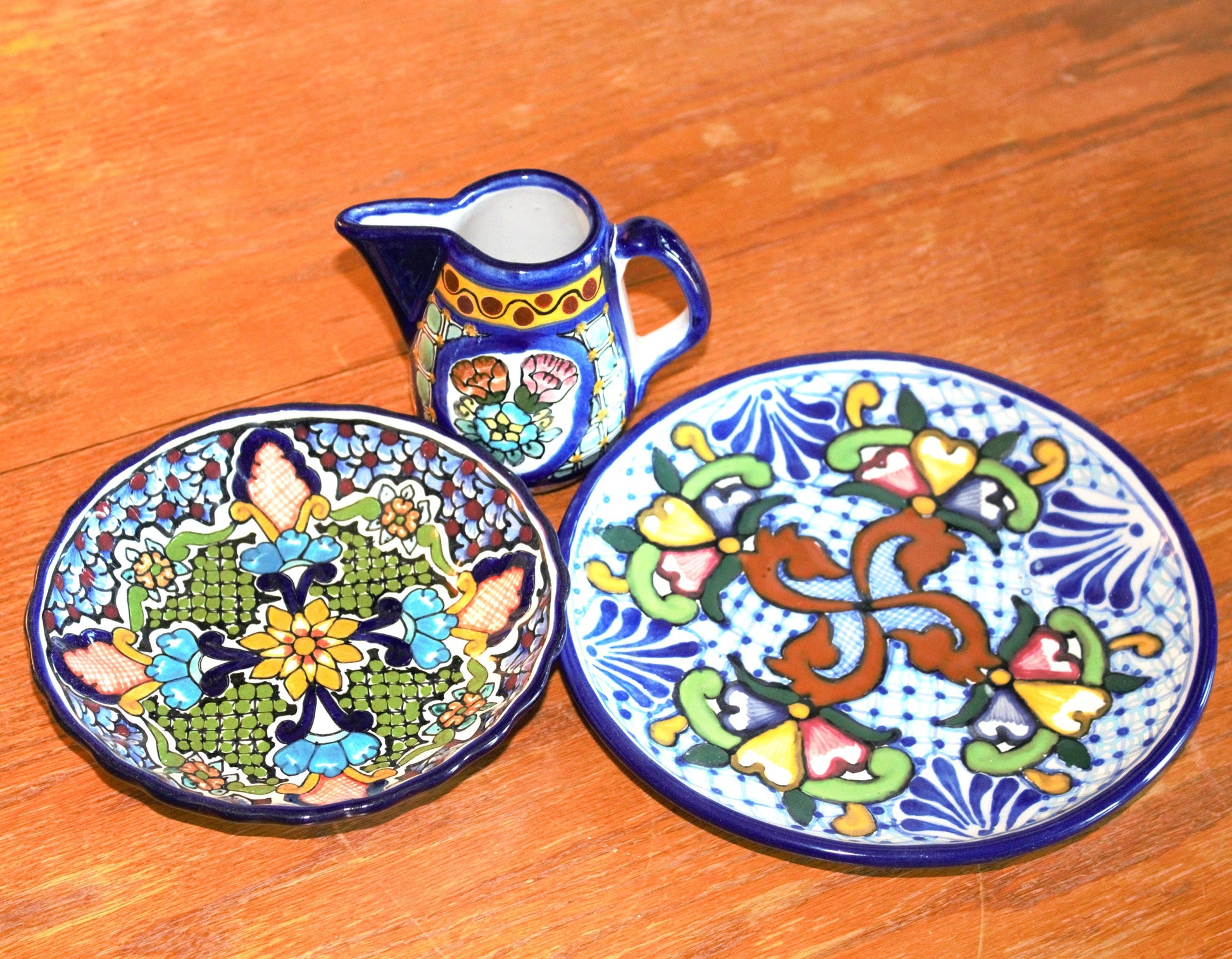 Authentic Talavera Plate Set: 3-Pc Mexican Ceramic Bowl & Creamer