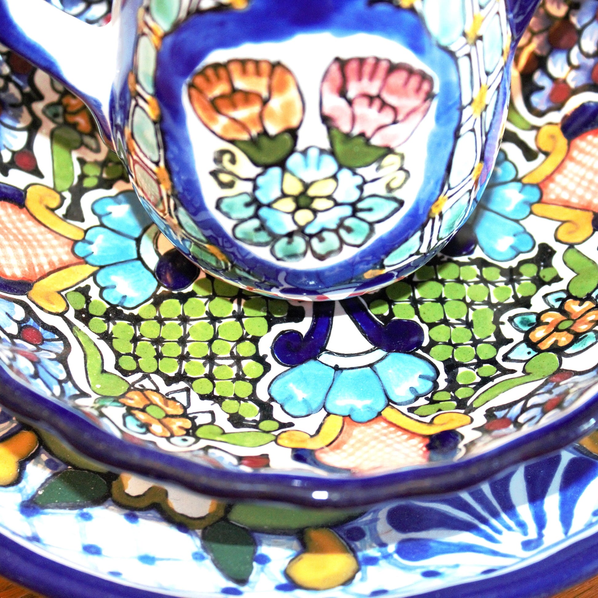 Authentic Talavera Plate Set: 3-Pc Mexican Ceramic Bowl & Creamer