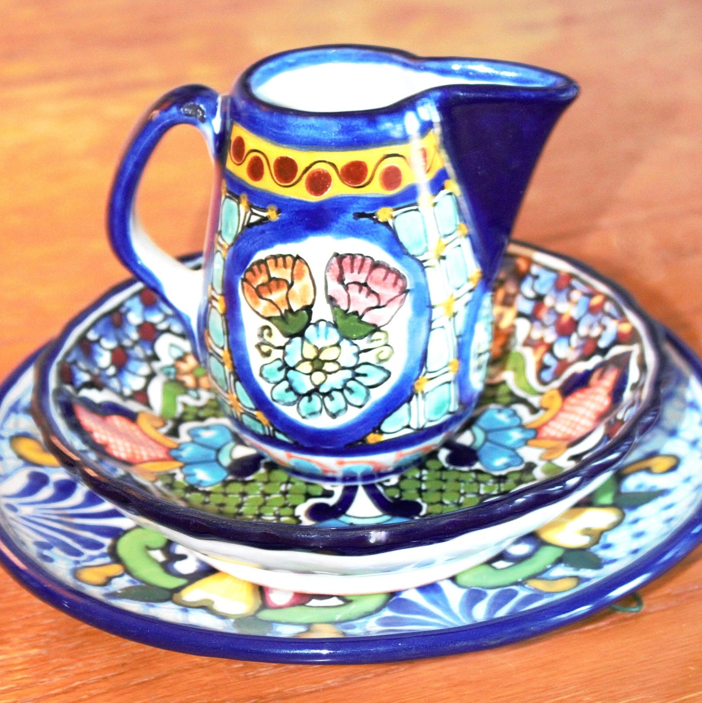 Authentic Talavera Plate Set: 3-Pc Mexican Ceramic Bowl & Creamer