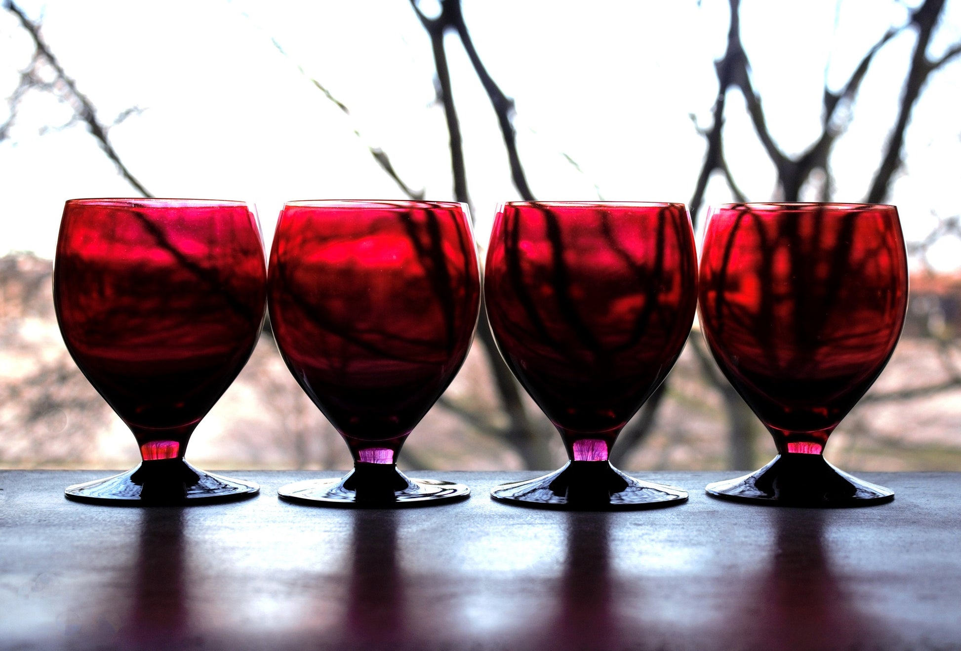 Vintage Pink & Black Cocktail Glasses - Set of 4 Footed Tumblers