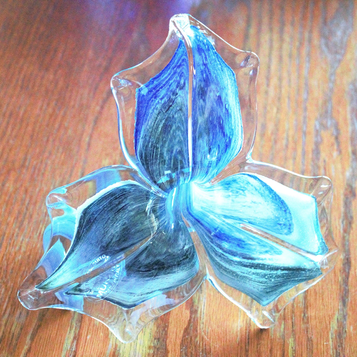 Murano Glass Flower Sculpture, Hand Blown Green Silver Art Glass