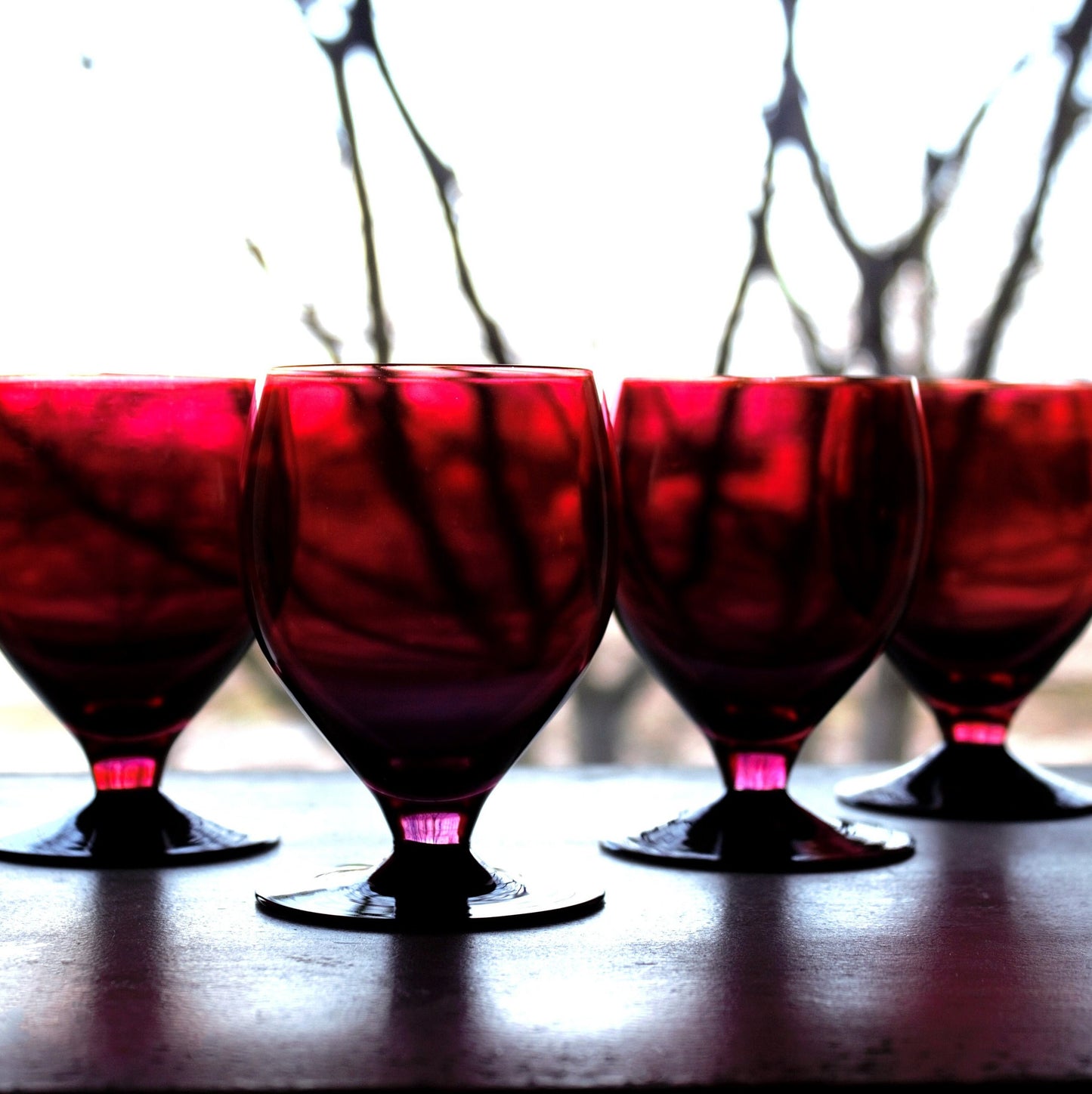 Vintage Pink & Black Cocktail Glasses - Set of 4 Footed Tumblers