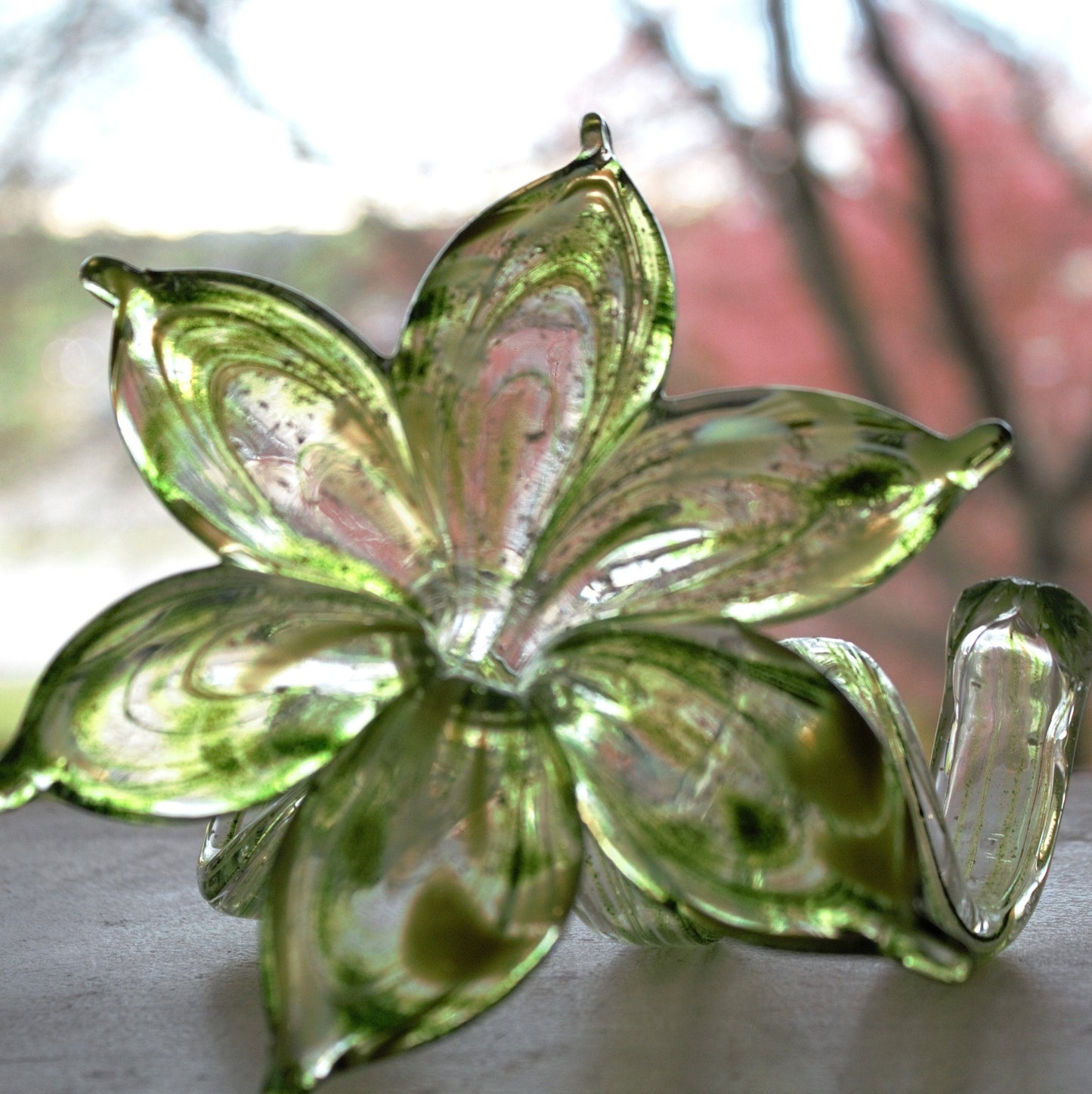 Murano Glass Flower Sculpture, Hand Blown Green Silver Art Glass