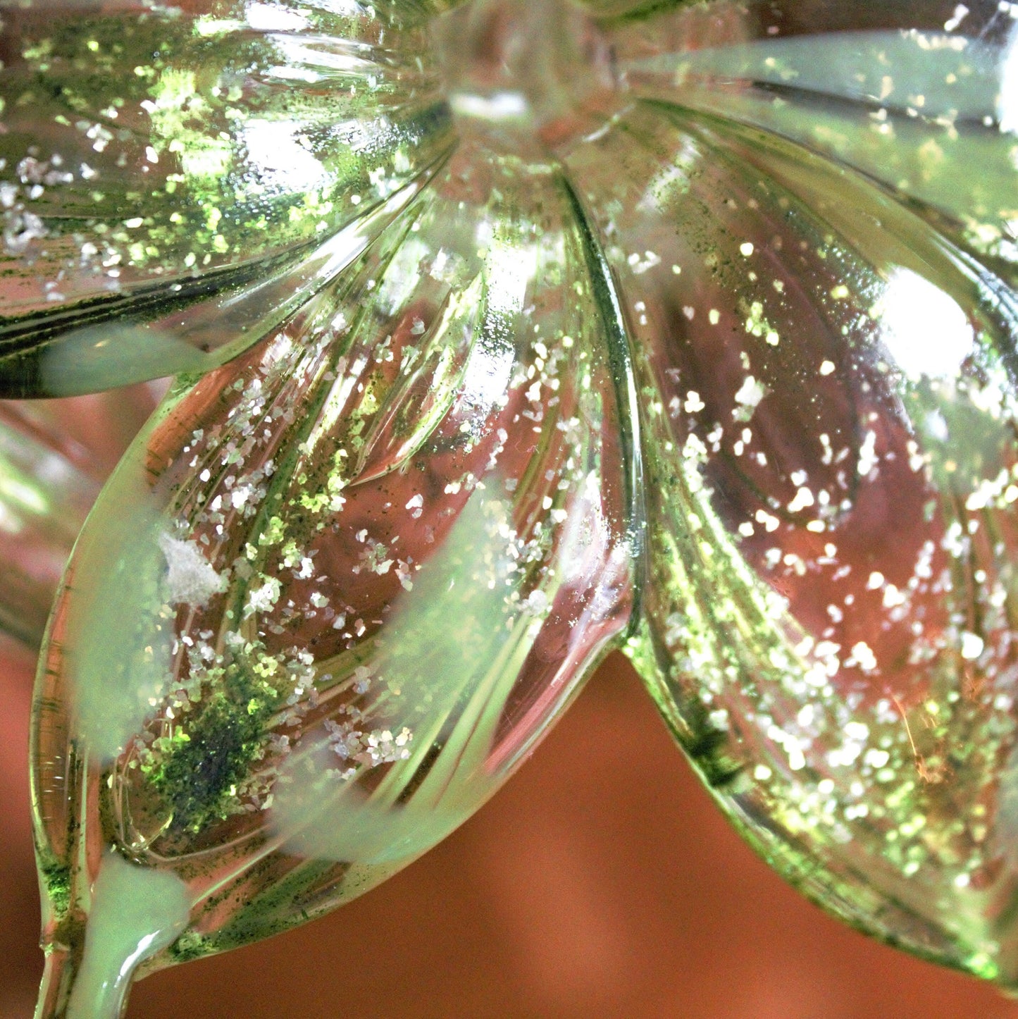 Murano Glass Flower Sculpture, Hand Blown Green Silver Art Glass