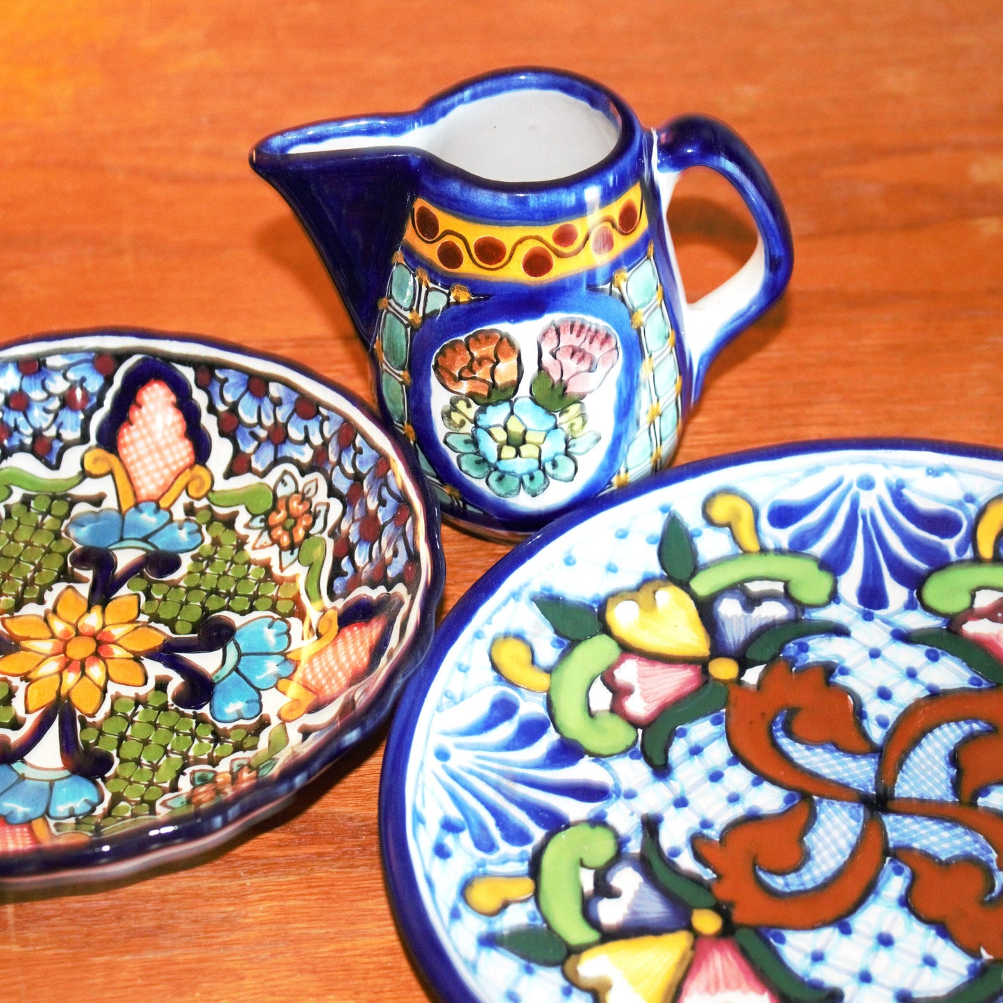 Authentic Talavera Plate Set: 3-Pc Mexican Ceramic Bowl & Creamer
