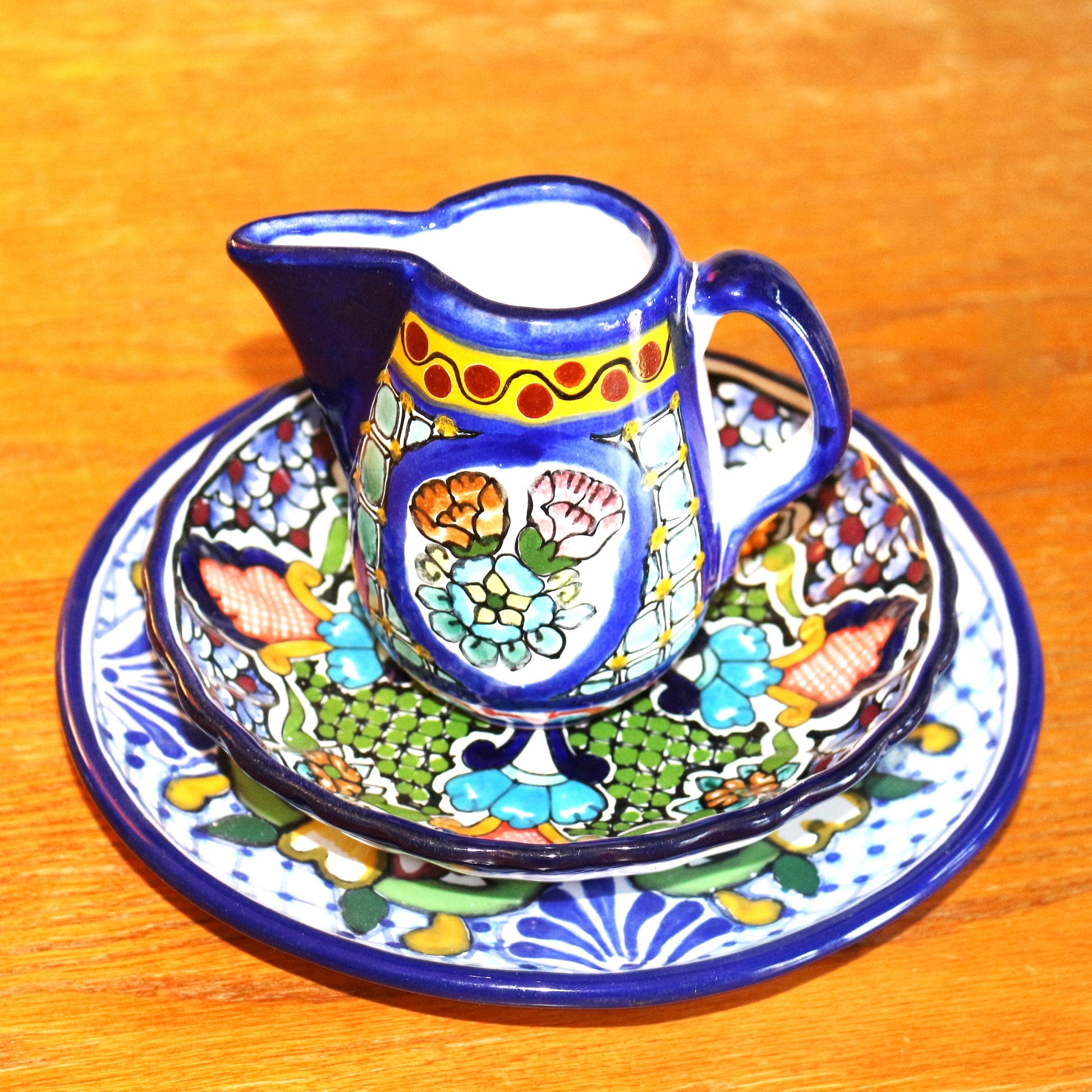 Authentic Talavera Plate Set: 3-Pc Mexican Ceramic Bowl & Creamer