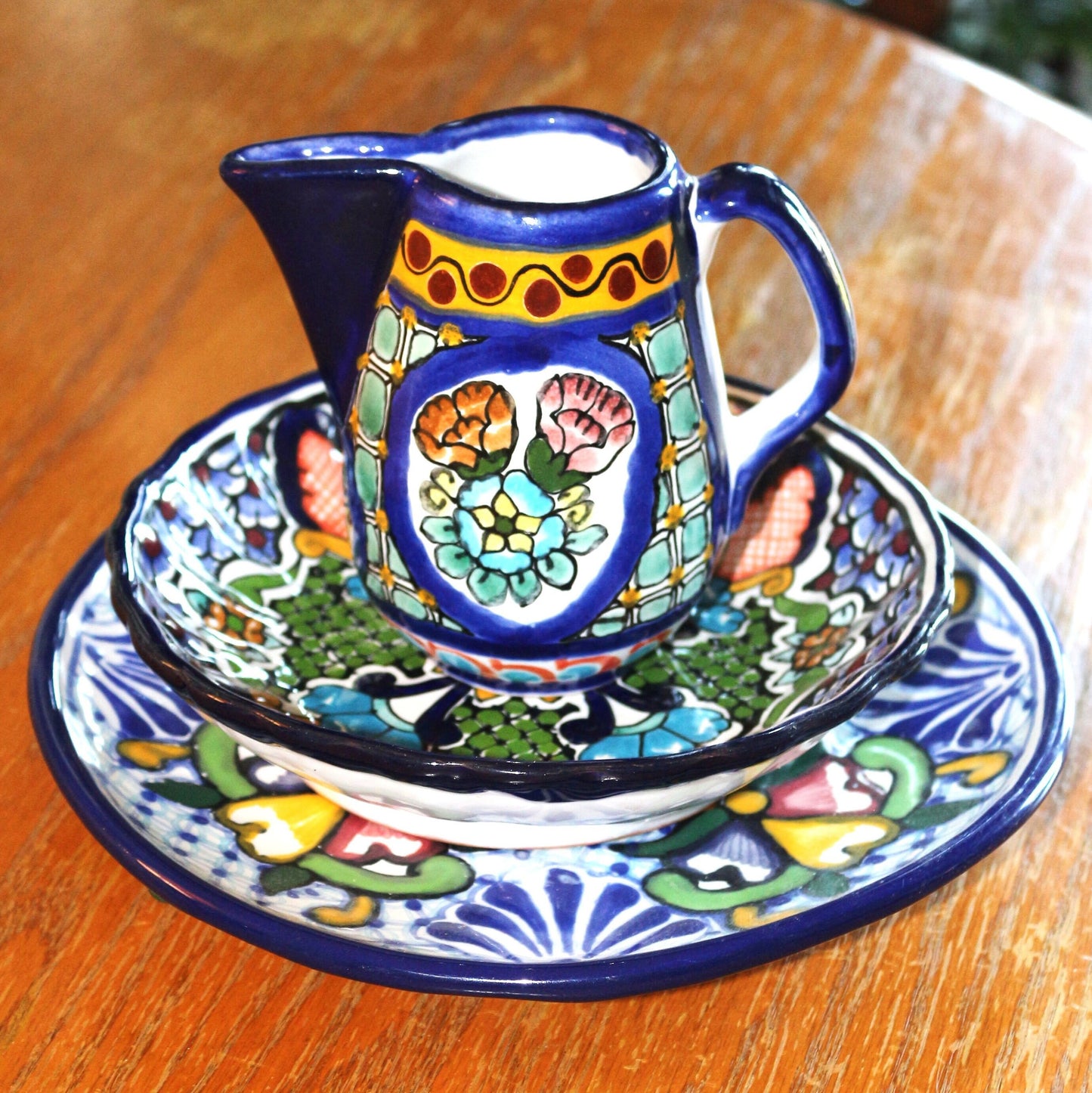Authentic Talavera Plate Set: 3-Pc Mexican Ceramic Bowl & Creamer