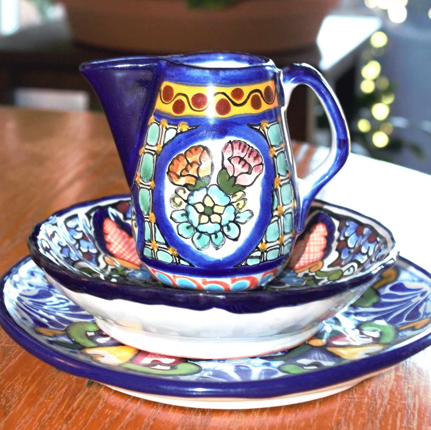 Authentic Talavera Plate Set: 3-Pc Mexican Ceramic Bowl & Creamer