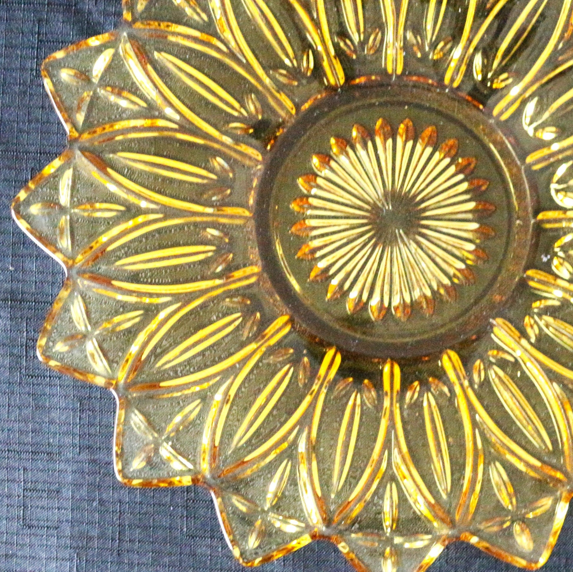 Vintage Federal Glass Plate: Gold Petal Pattern Dinner Plate, flower shape