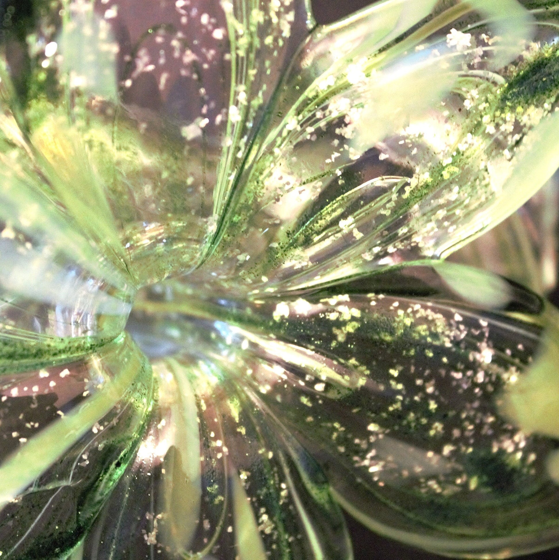 Murano Glass Flower Sculpture, Hand Blown Green Silver Art Glass