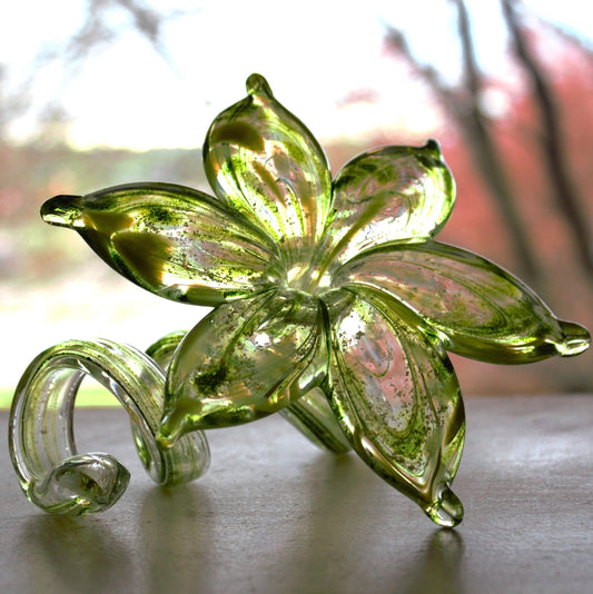 Murano Glass Flower Sculpture, Hand Blown Green Silver Art Glass