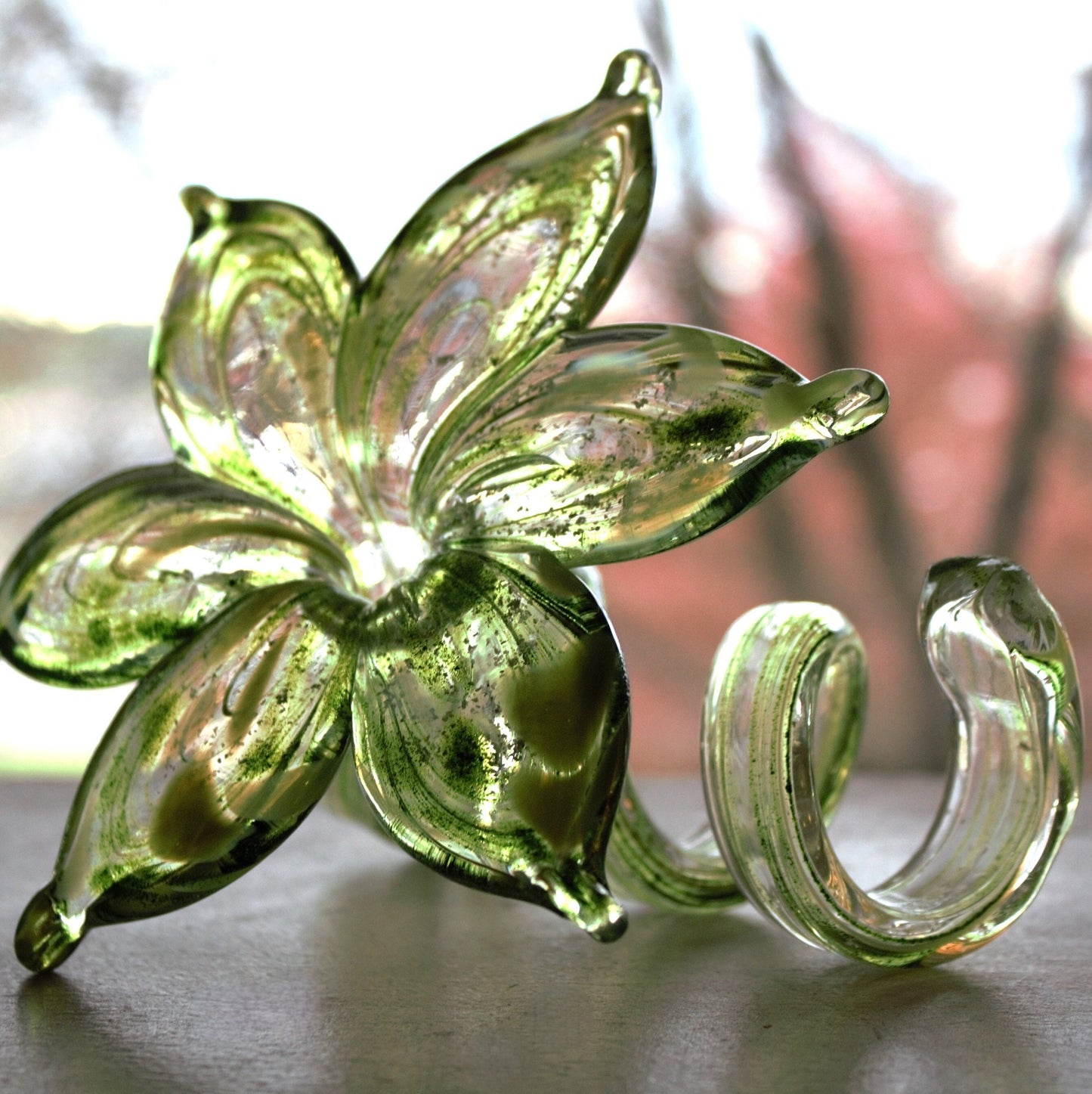 Murano Glass Flower Sculpture, Hand Blown Green Silver Art Glass