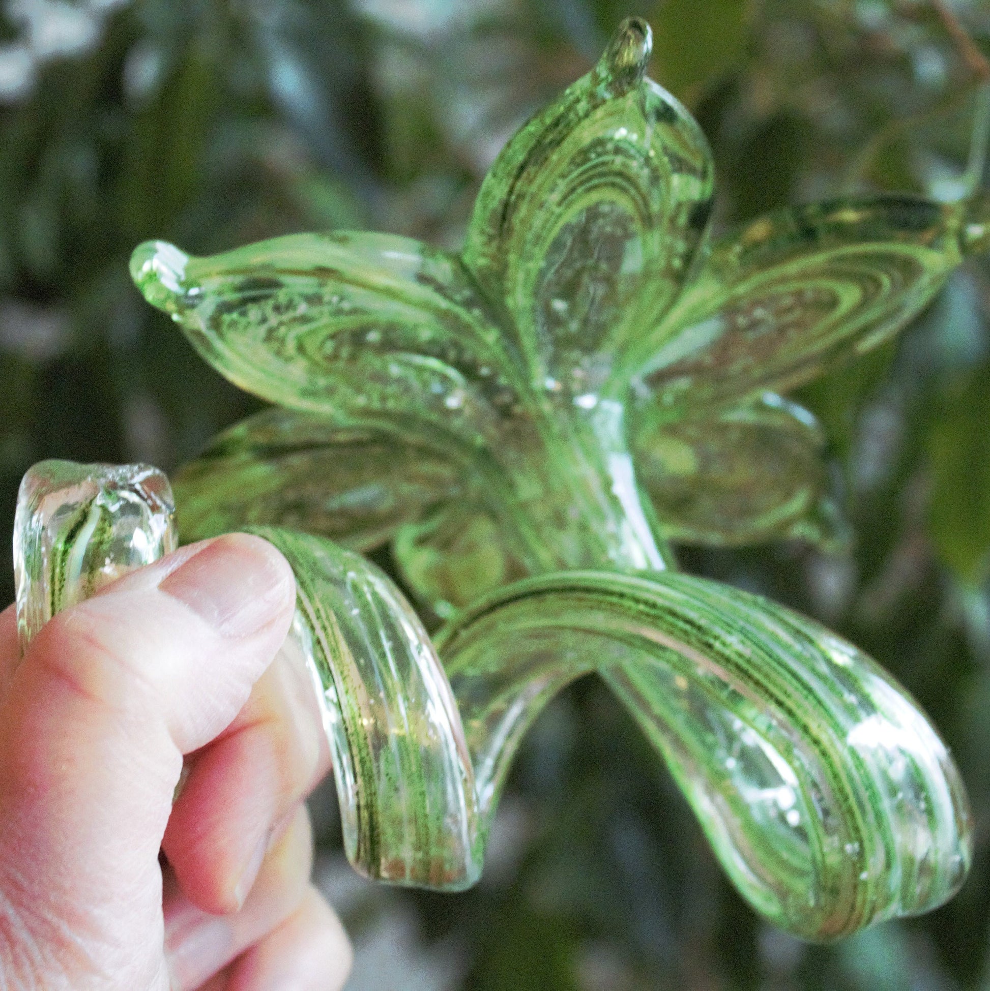 Murano Glass Flower Sculpture, Hand Blown Green Silver Art Glass