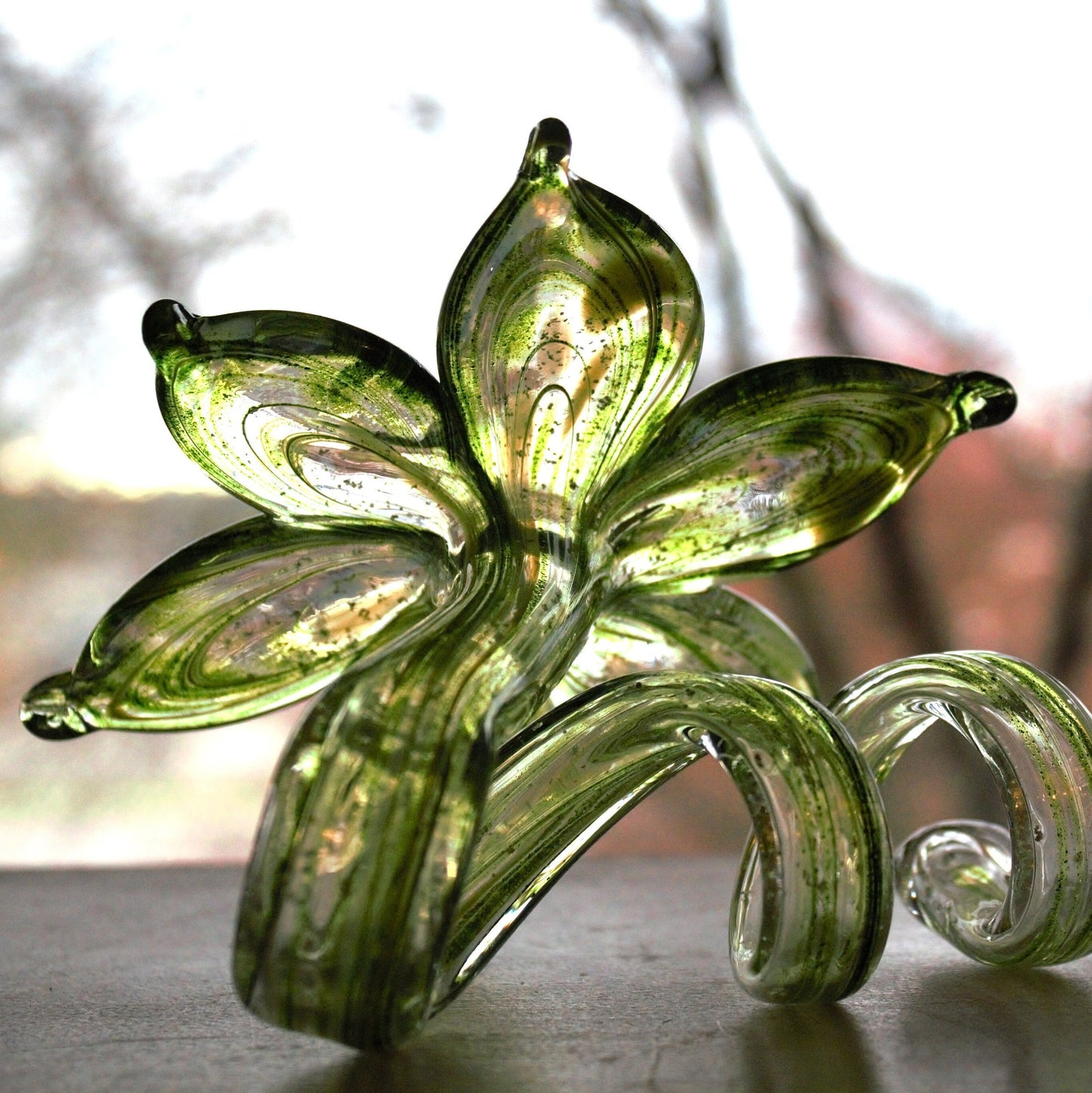Murano Glass Flower Sculpture, Hand Blown Green Silver Art Glass