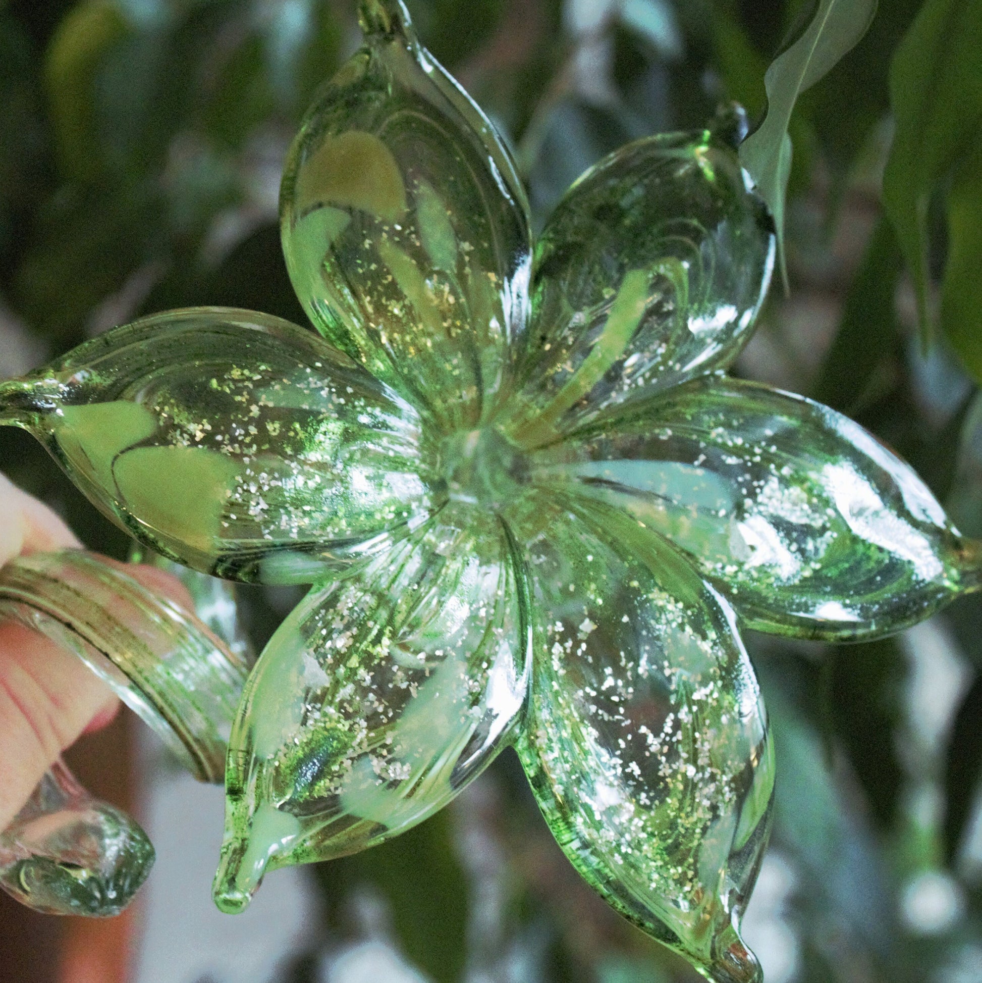 Murano Glass Flower Sculpture, Hand Blown Green Silver Art Glass