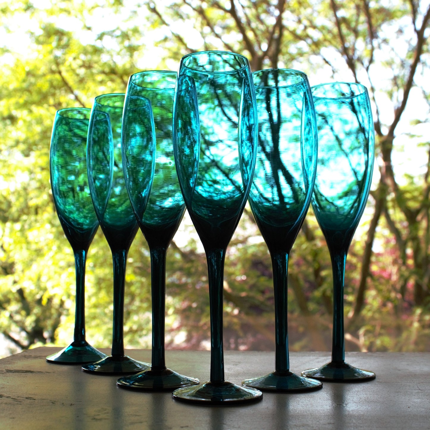 Hand Blown Teal Champagne Flute Set: Elegant Blue Stemware
