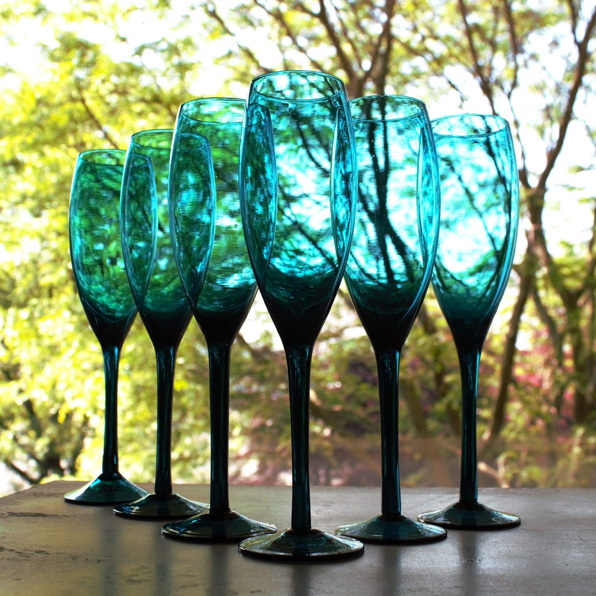Hand Blown Teal Champagne Flute Set: Elegant Blue Stemware