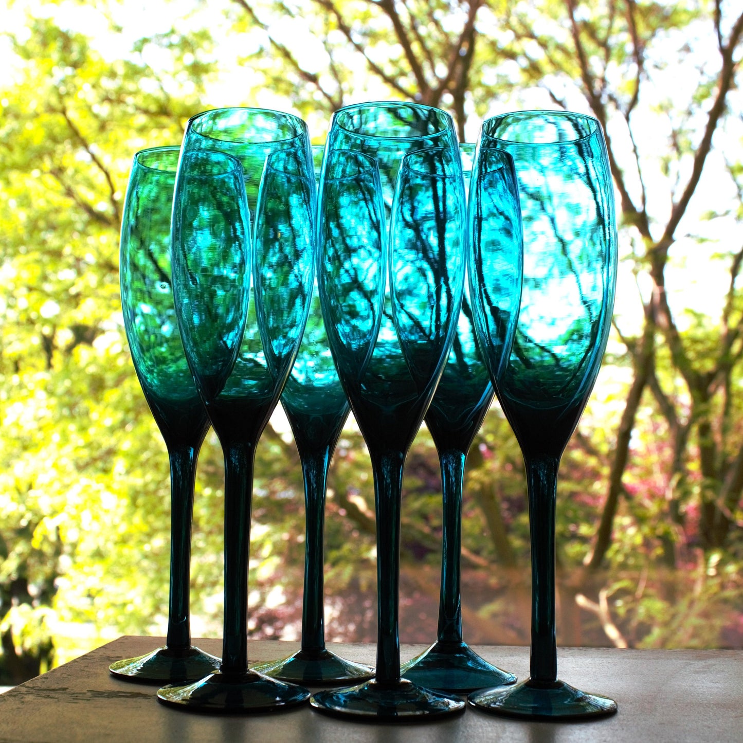 Hand Blown Teal Champagne Flute Set: Elegant Blue Stemware