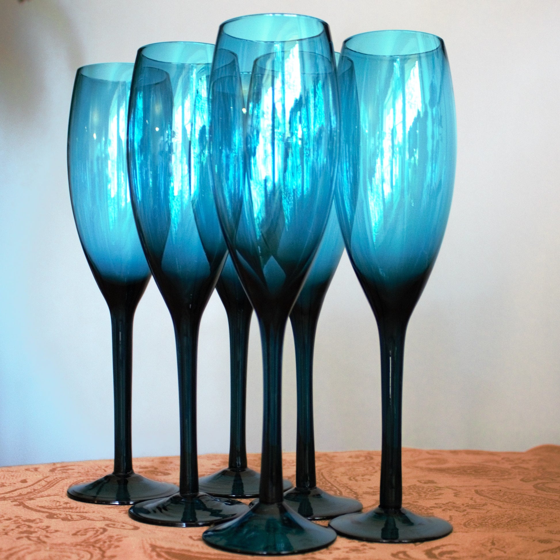 Hand Blown Teal Champagne Flute Set: Elegant Blue Stemware
