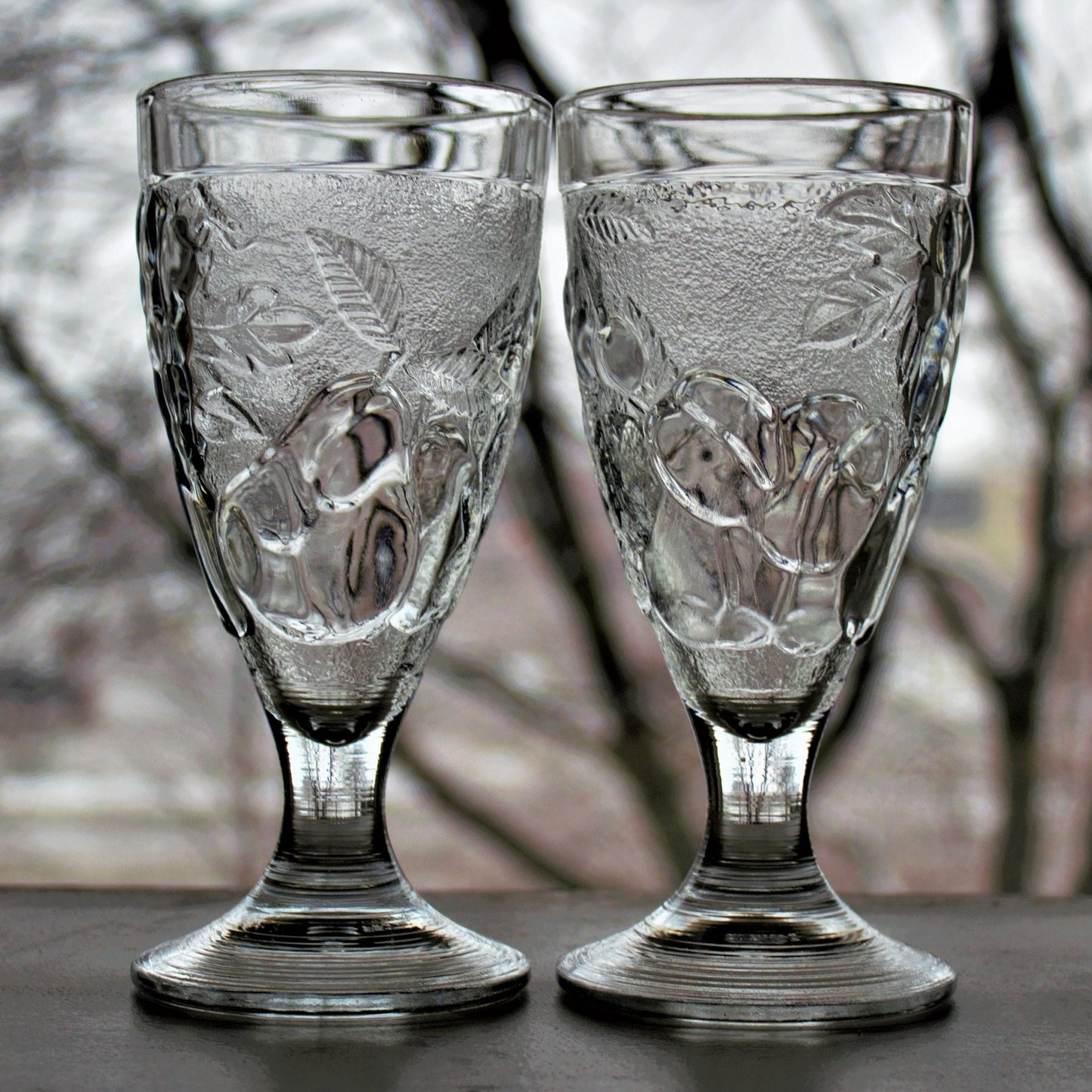 Vintage French Embossed Glass Tumblers - Set of 2 Fruit Motif