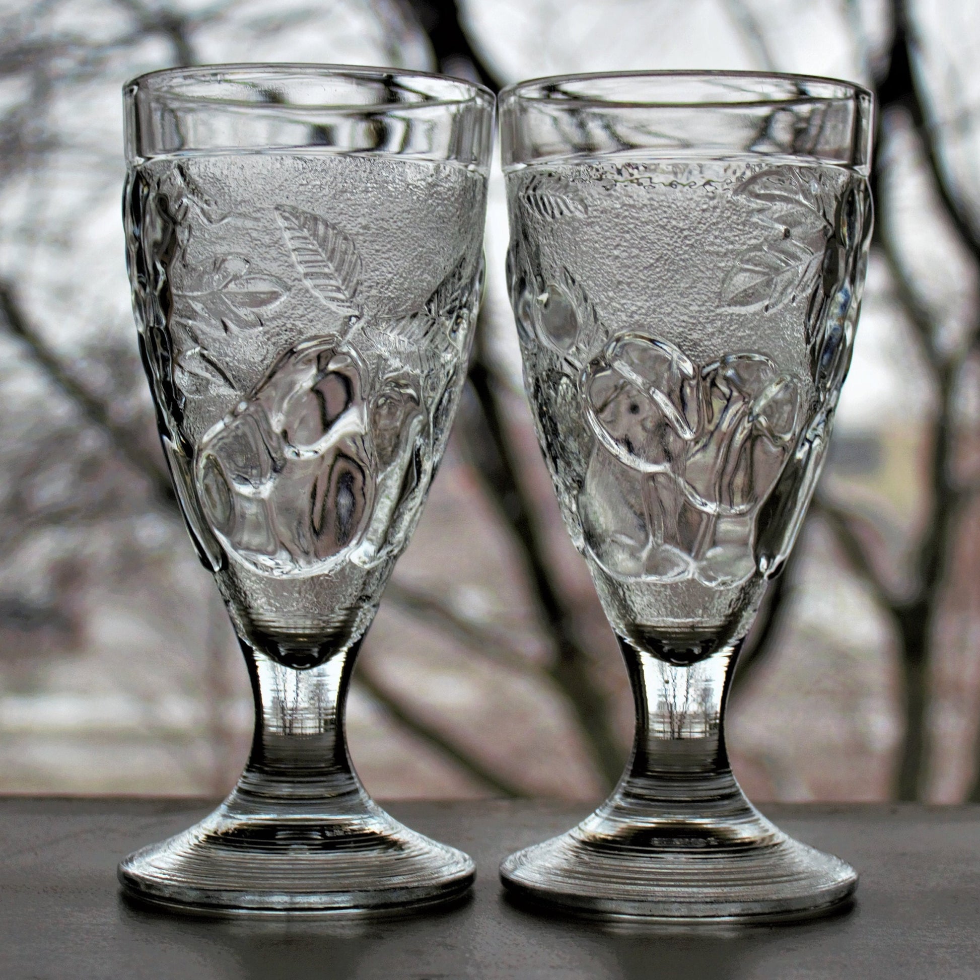 Vintage French Embossed Glass Tumblers - Set of 2 Fruit Motif