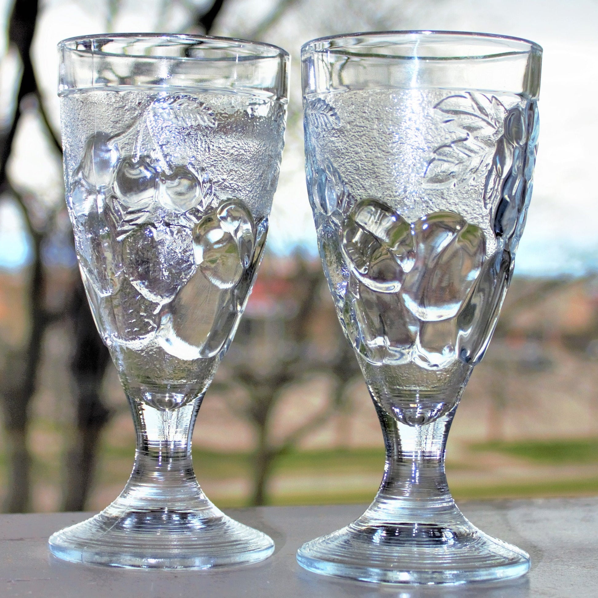 Vintage French Embossed Glass Tumblers - Set of 2 Fruit Motif