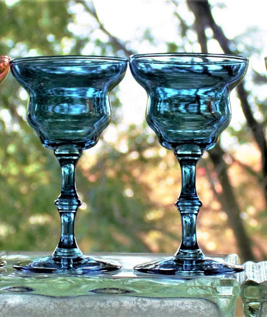 Vintage Iridescent Blue Cordial Glasses, Set of 2 - Elegant Cocktail Stems