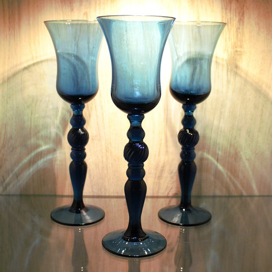 Handblown Navy Blue Cocktail Glasses - Set of 3 Vintage Tall Stemware