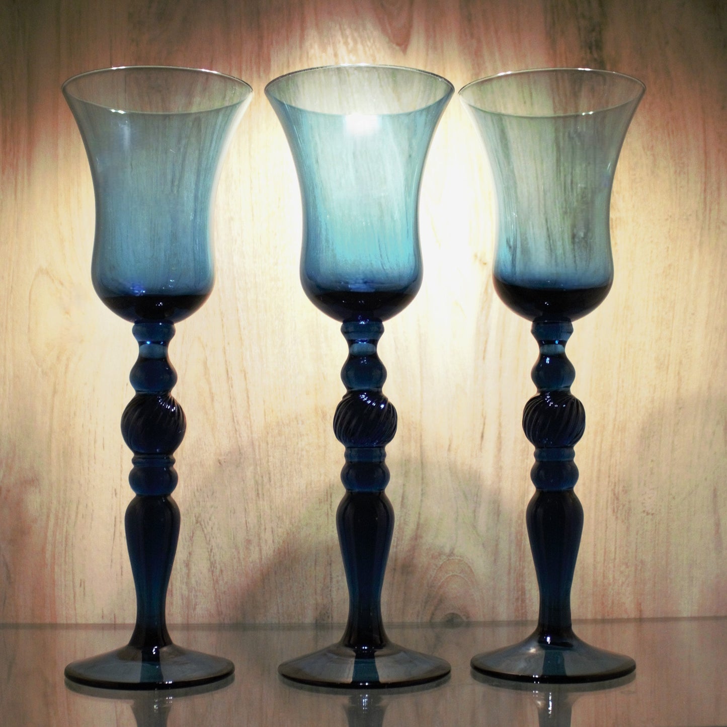 Handblown Navy Blue Cocktail Glasses - Set of 3 Vintage Tall Stemware