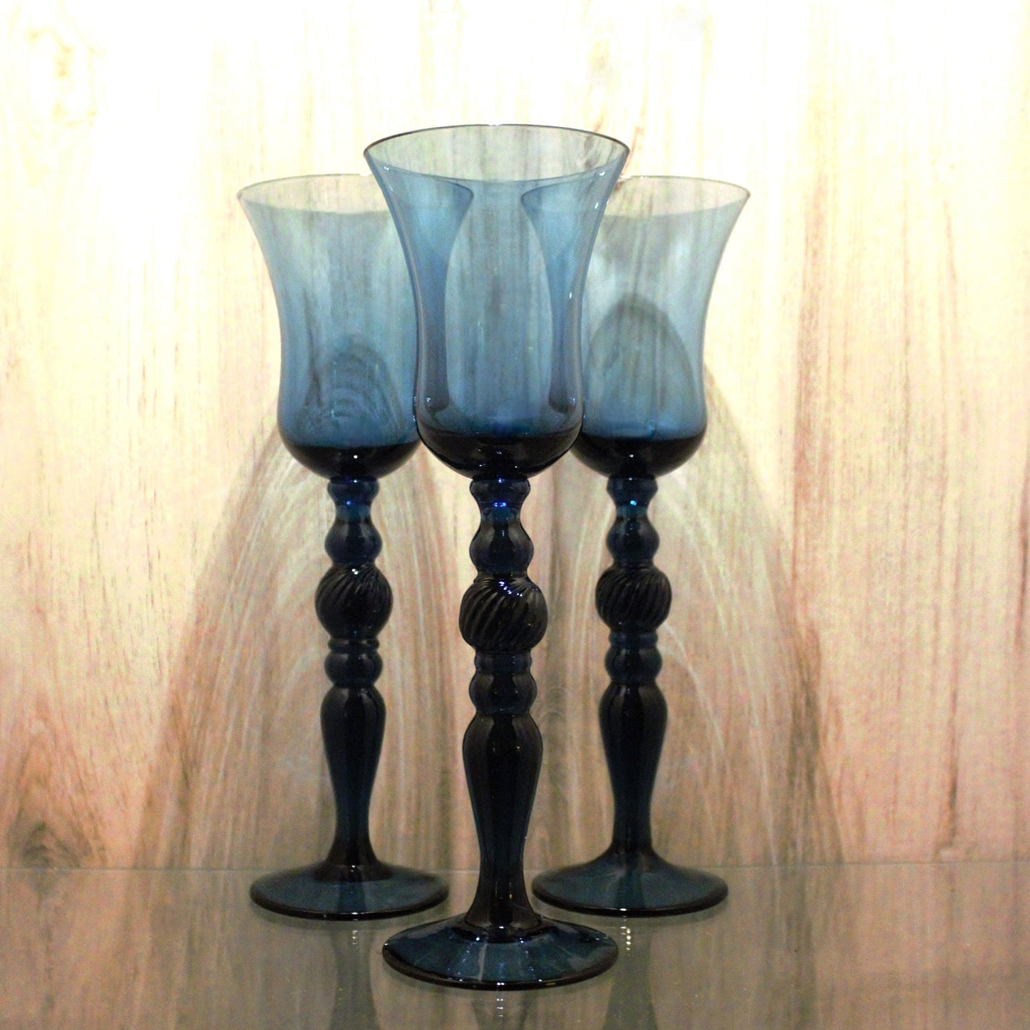 Handblown Navy Blue Cocktail Glasses - Set of 3 Vintage Tall Stemware