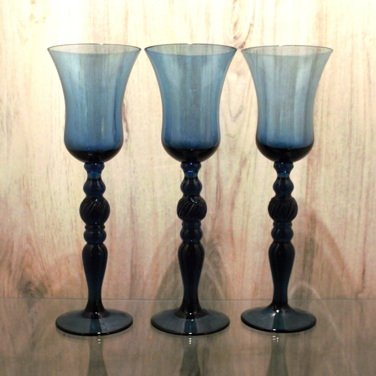 Handblown Navy Blue Cocktail Glasses - Set of 3 Vintage Tall Stemware