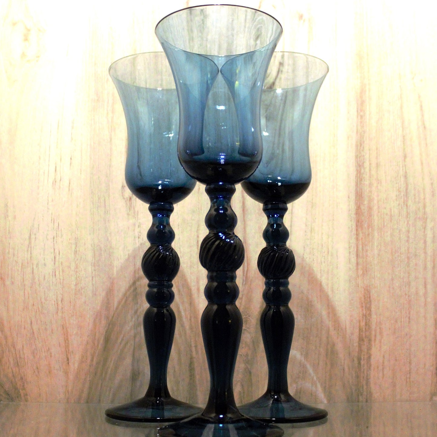 Handblown Navy Blue Cocktail Glasses - Set of 3 Vintage Tall Stemware