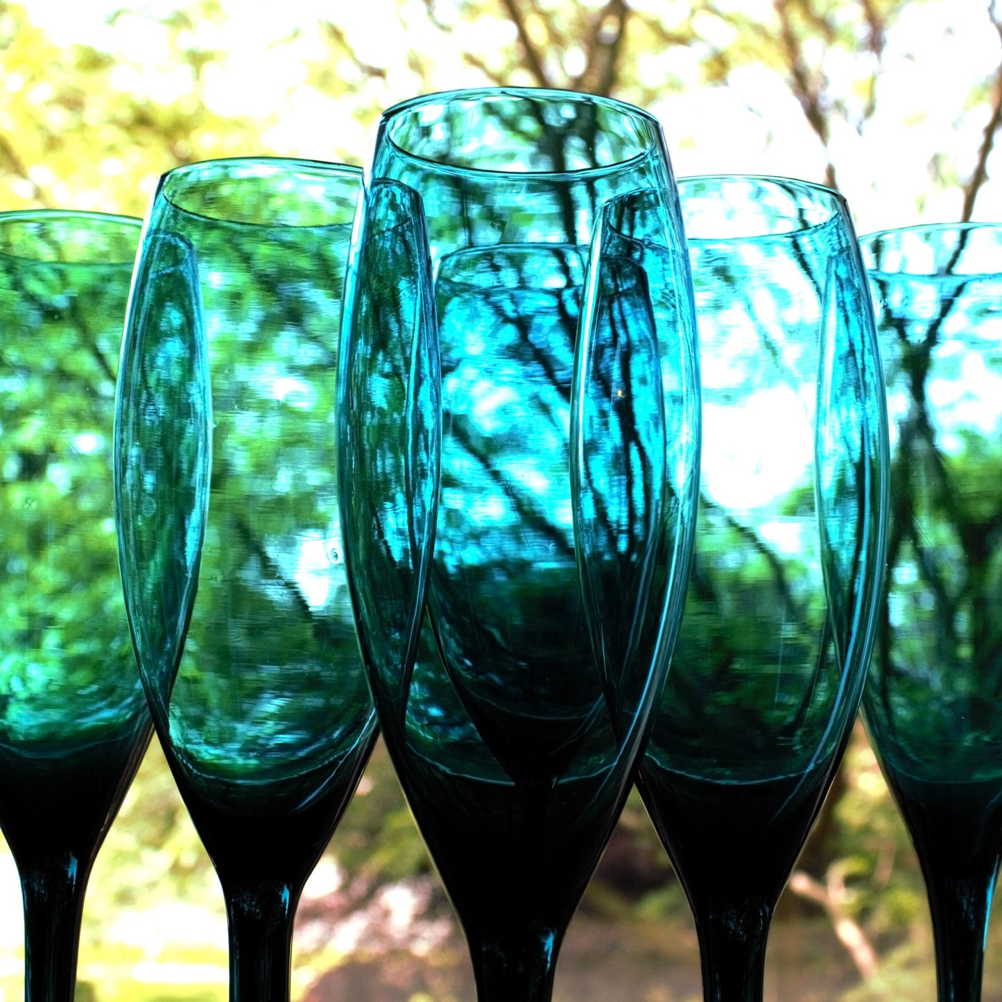 Hand Blown Teal Champagne Flute Set: Elegant Blue Stemware