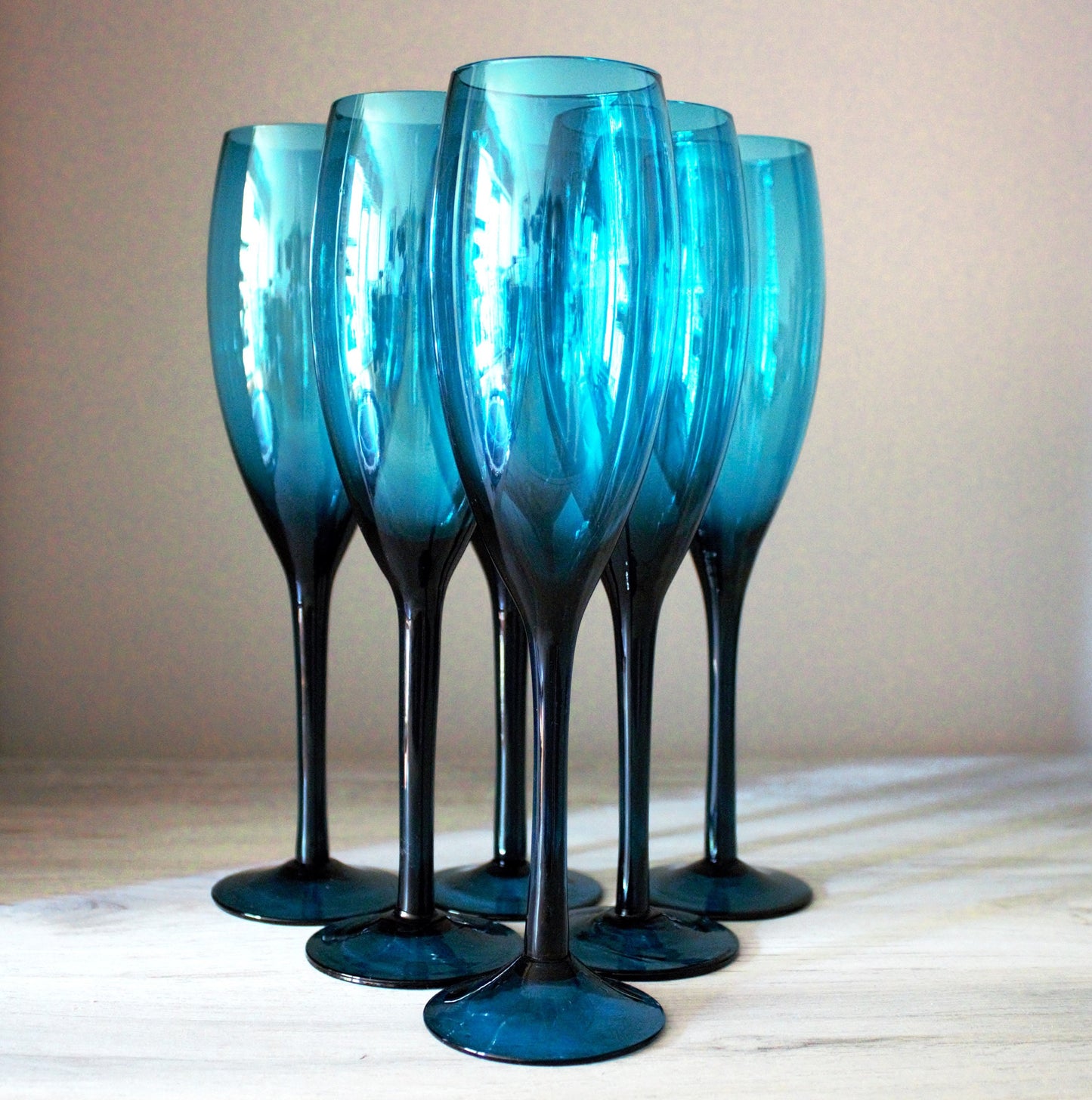 Hand Blown Teal Champagne Flute Set: Elegant Blue Stemware
