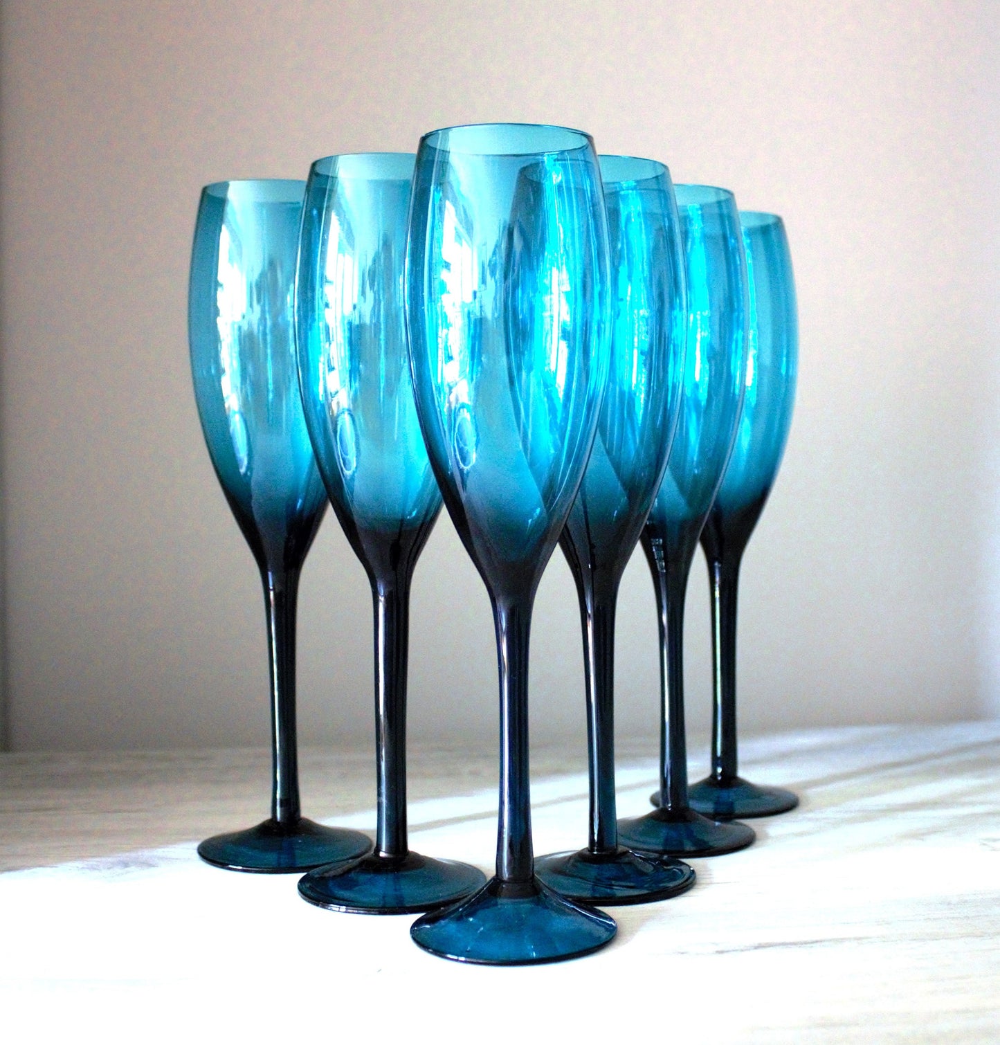 Hand Blown Teal Champagne Flute Set: Elegant Blue Stemware