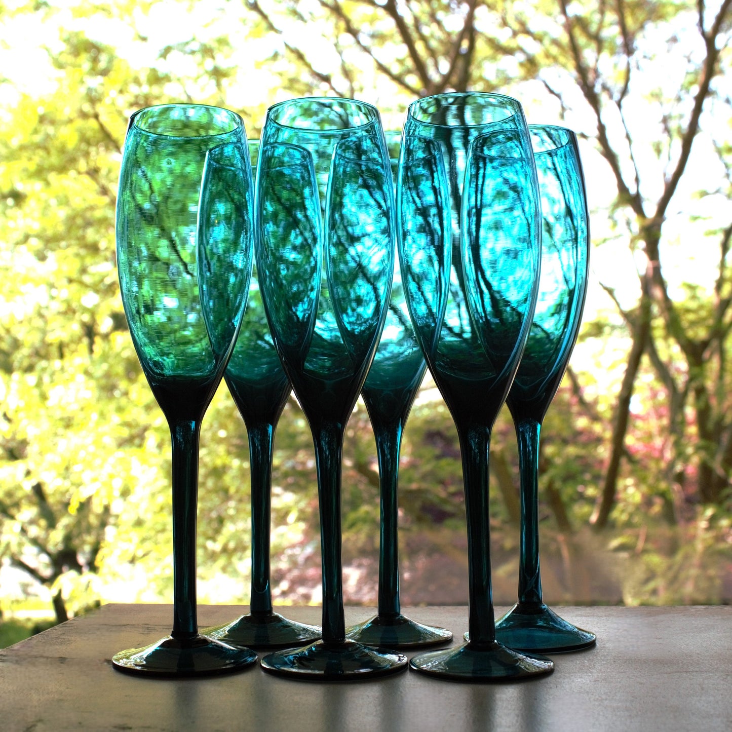 Hand Blown Teal Champagne Flute Set: Elegant Blue Stemware